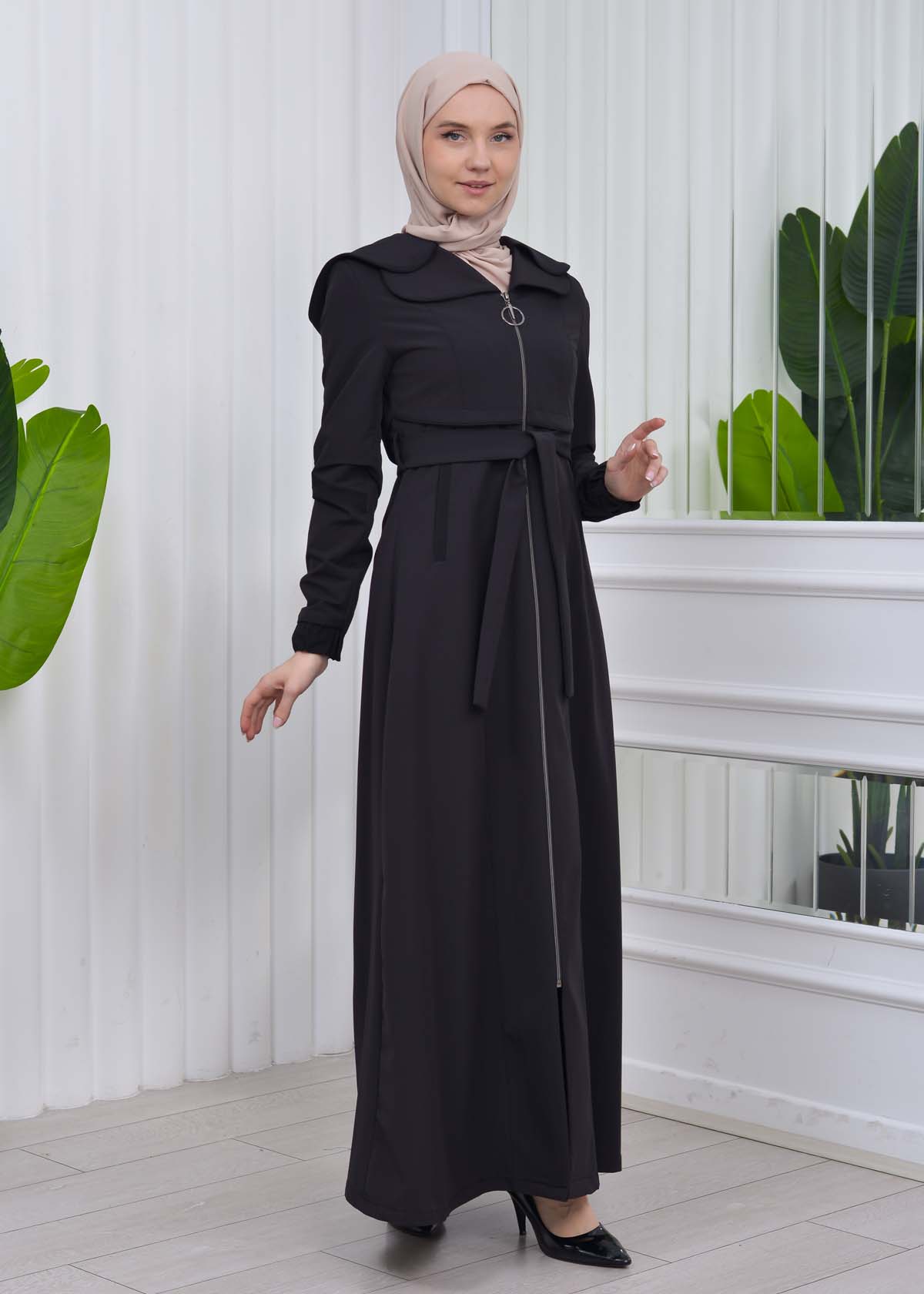 Belted Hooded Hijab Parachute Topcoat 1211 Siyah