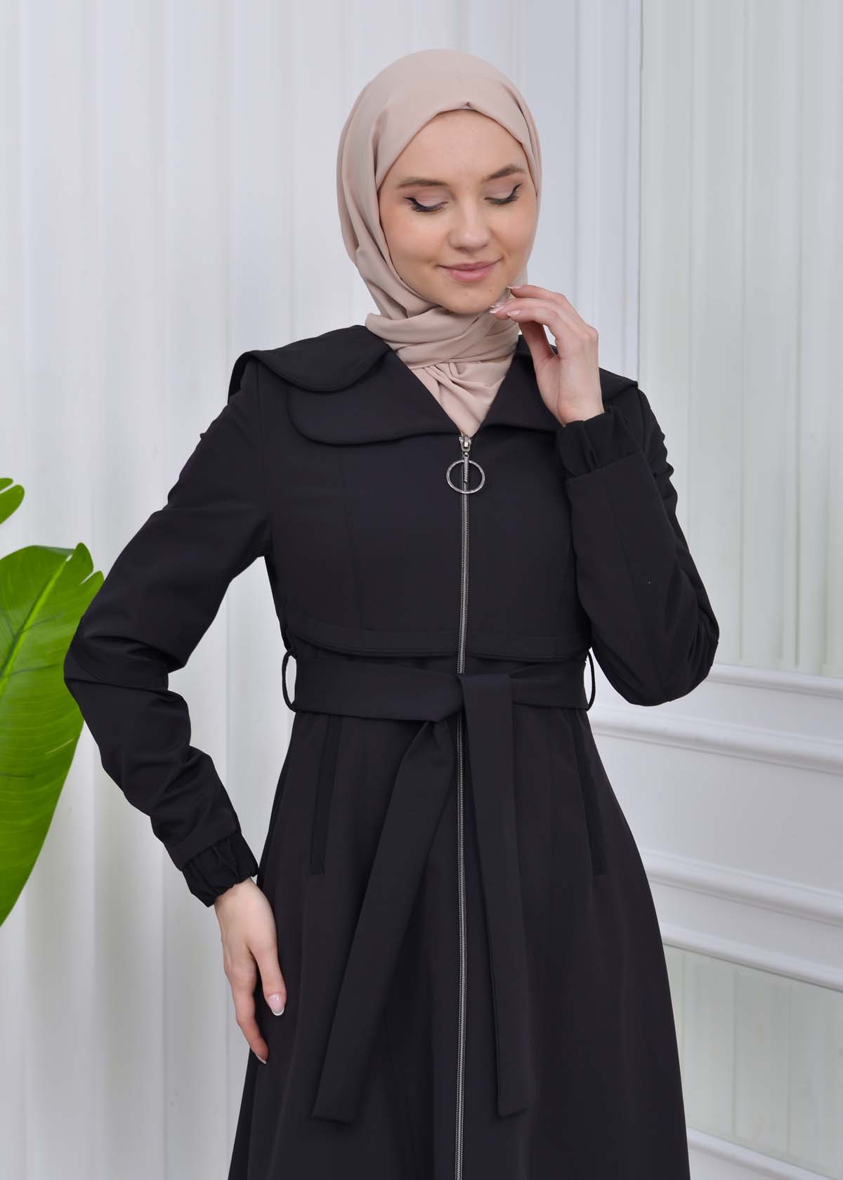 Belted Hooded Hijab Parachute Topcoat 1211 Siyah