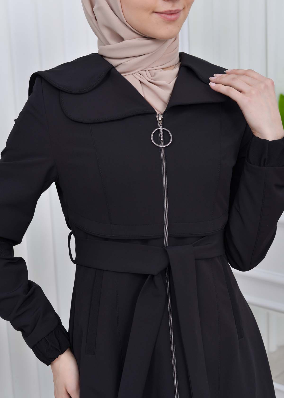 Belted Hooded Hijab Parachute Topcoat 1211 Siyah