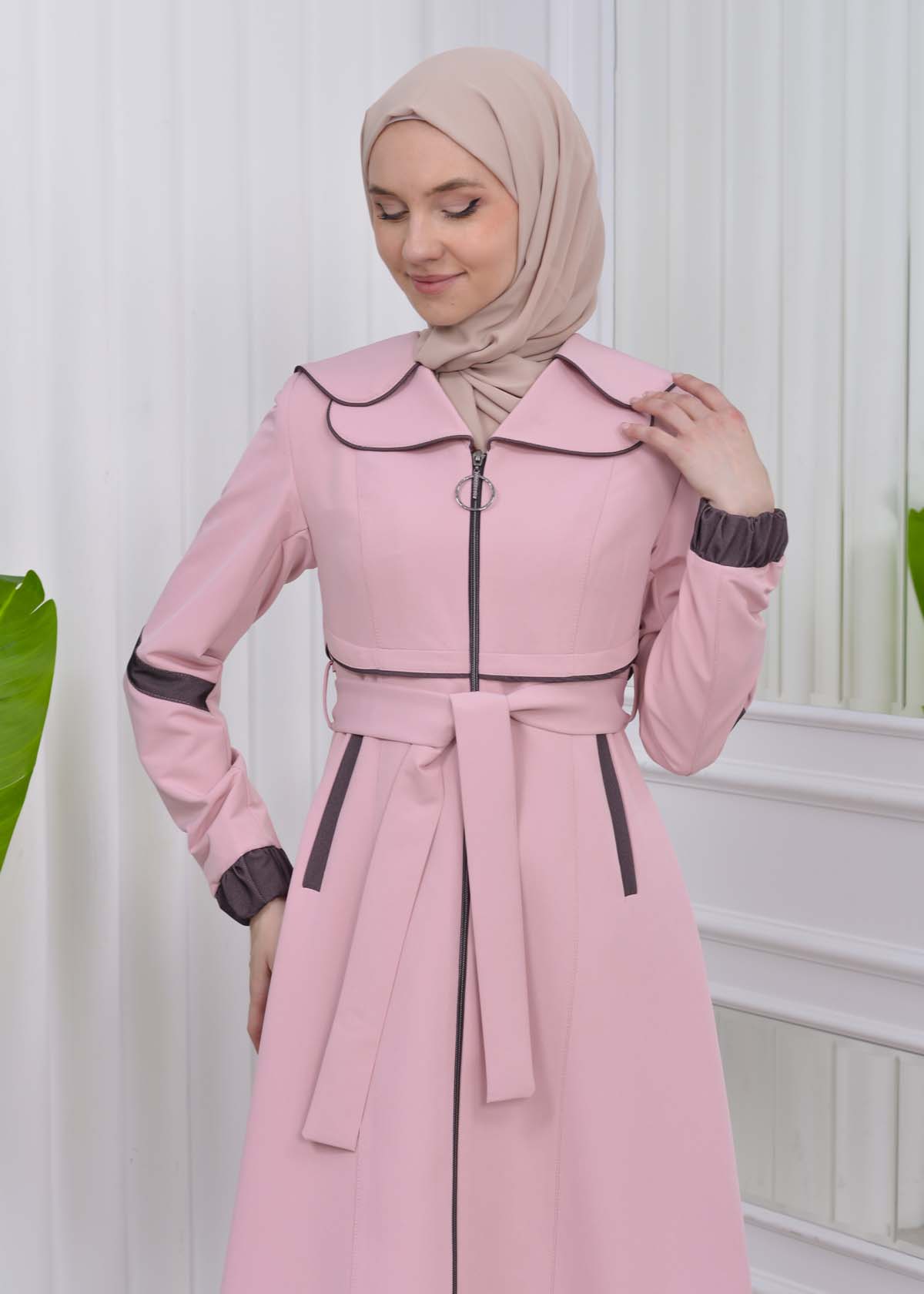 مانطو نسائي للمحجبات باراشوت مع حزام و طاقية 1211 Pembe