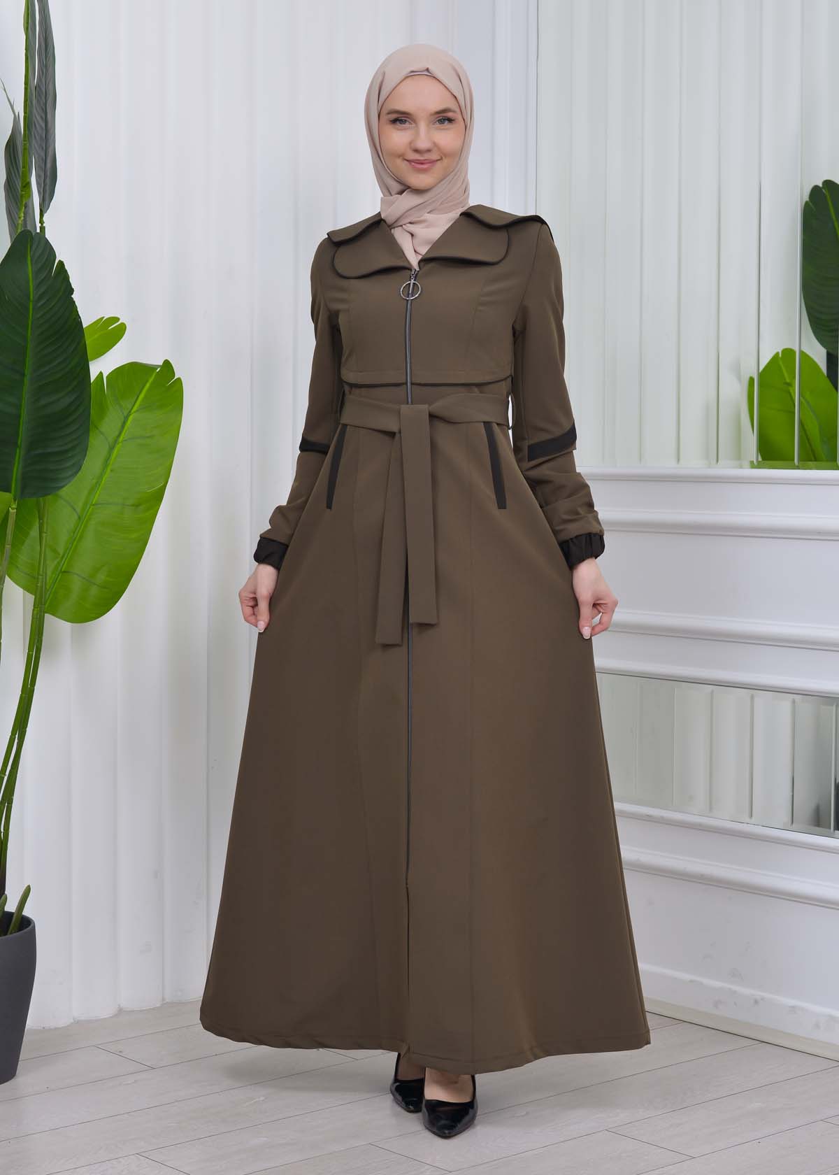 Belted Hooded Hijab Parachute Topcoat 1211 - dark khaki