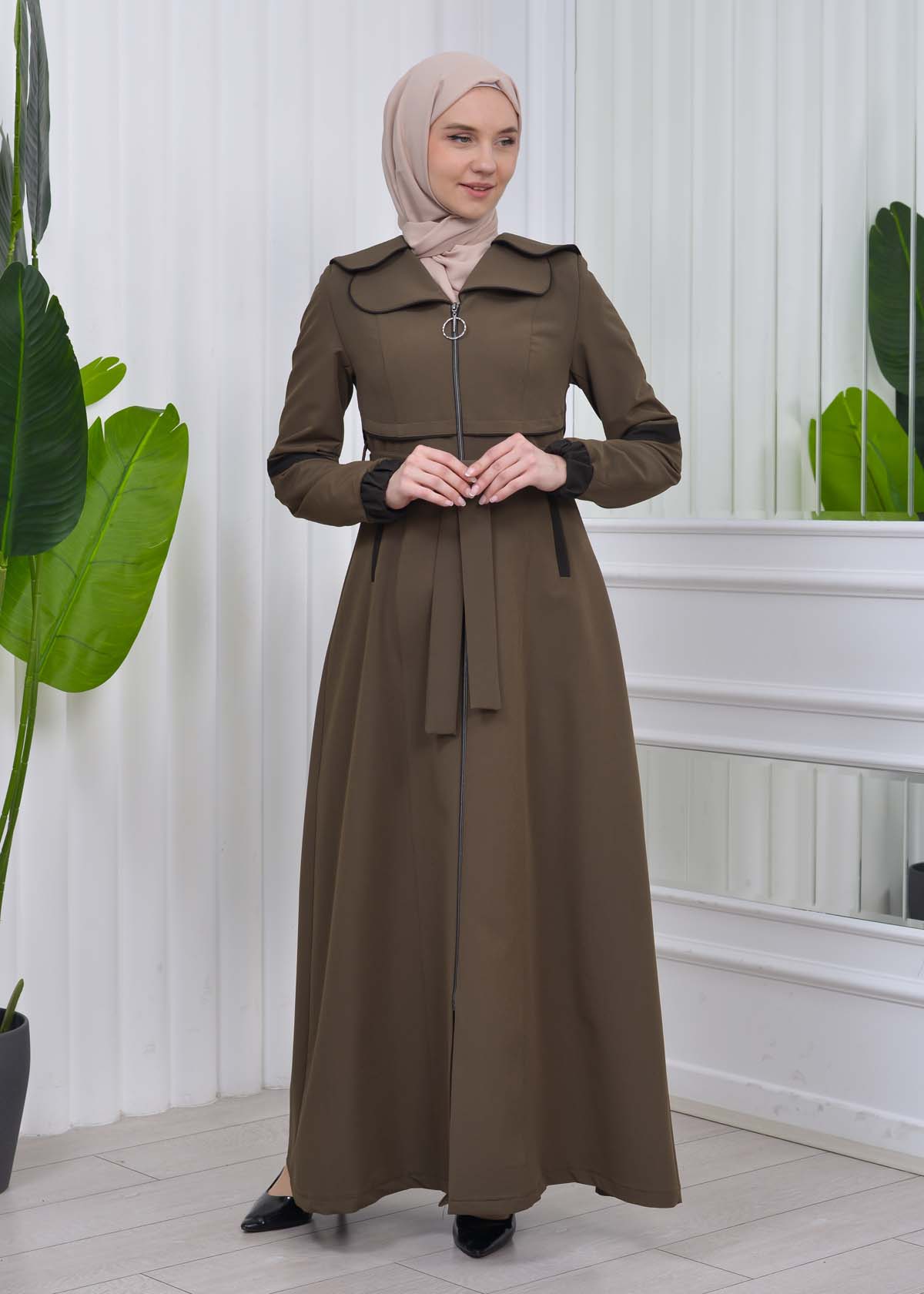 Belted Hooded Hijab Parachute Topcoat 1211 kuyu haki