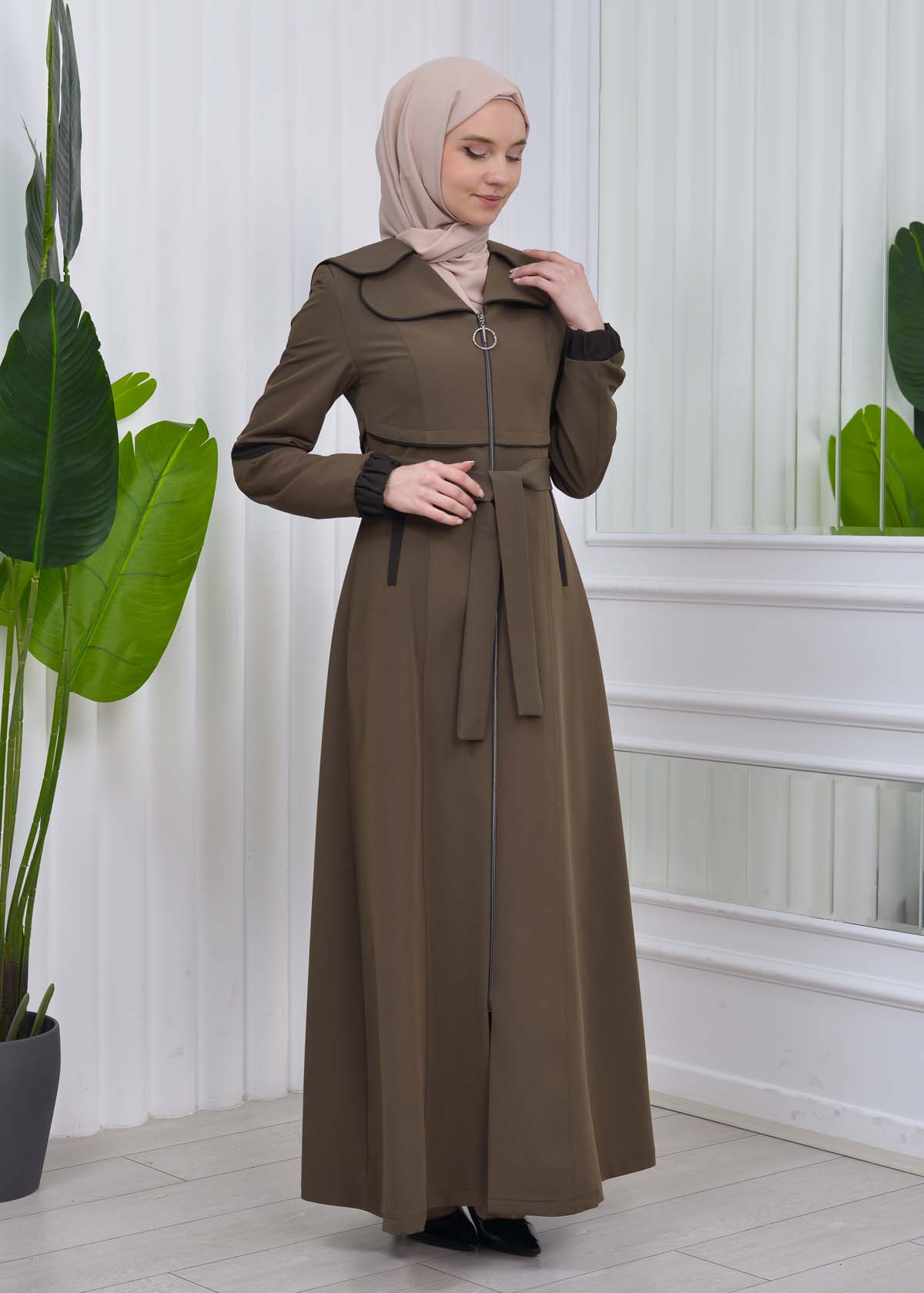 Belted Hooded Hijab Parachute Topcoat 1211 kuyu haki