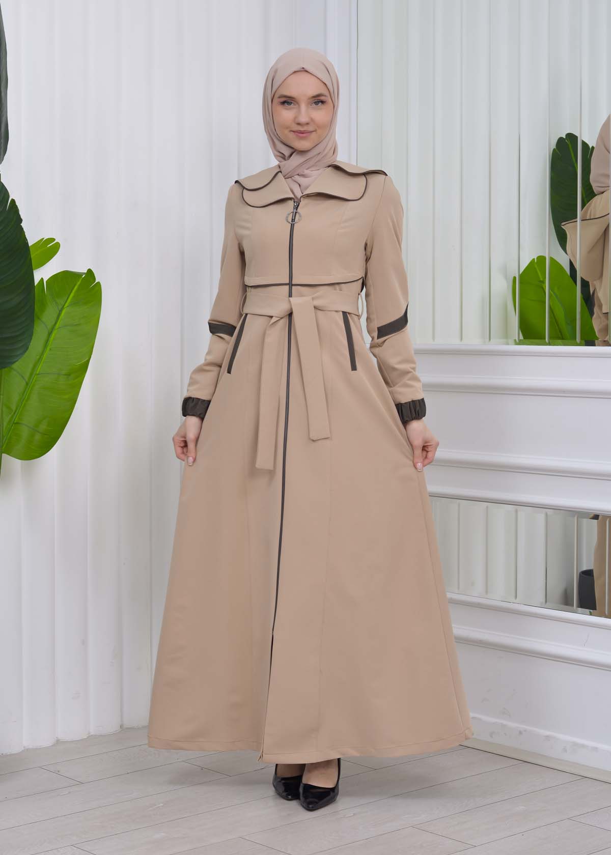 Belted Hooded Hijab Parachute Topcoat 1211 - beige