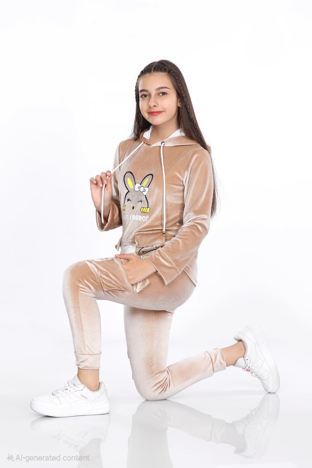 Girls Korean Velvet Pajama Set - Playful Design - Code 3100 - beige