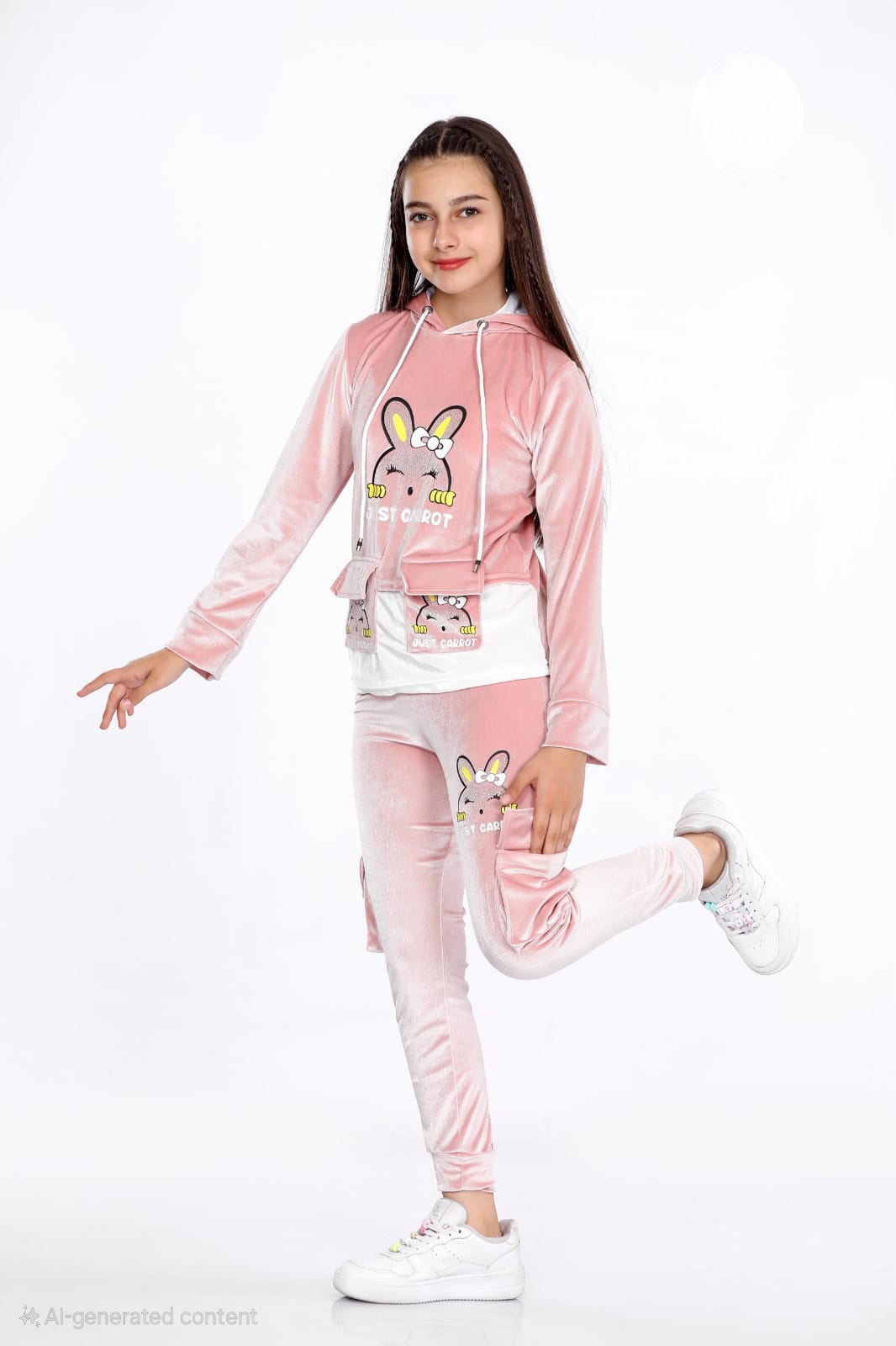 Girls Korean Velvet Pajama Set - Playful Design - Code 3100 - powder pink/ dusty pink