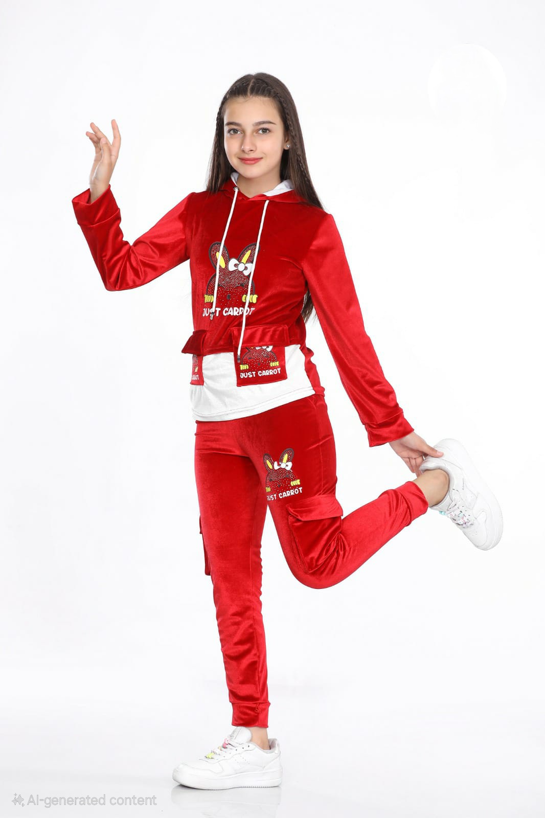 Girls Korean Velvet Pajama Set - Playful Design - Code 3100 - burgundy