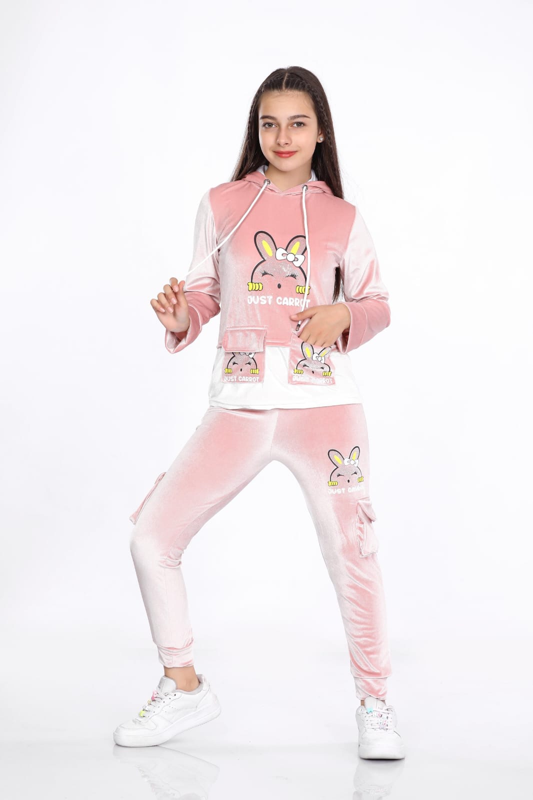 Girls Korean Velvet Pajama Set - Playful Design - Code 3100 - powder pink/ dusty pink