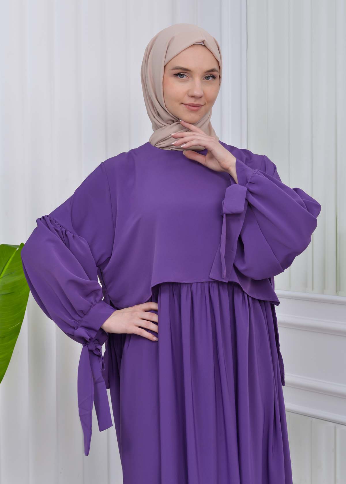 Lace up Sleeve Simple Hijab Dress 831 mor