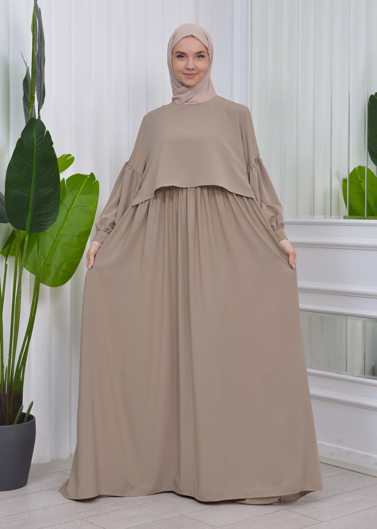 Lace up Sleeve Simple Hijab Dress 831 - light brown