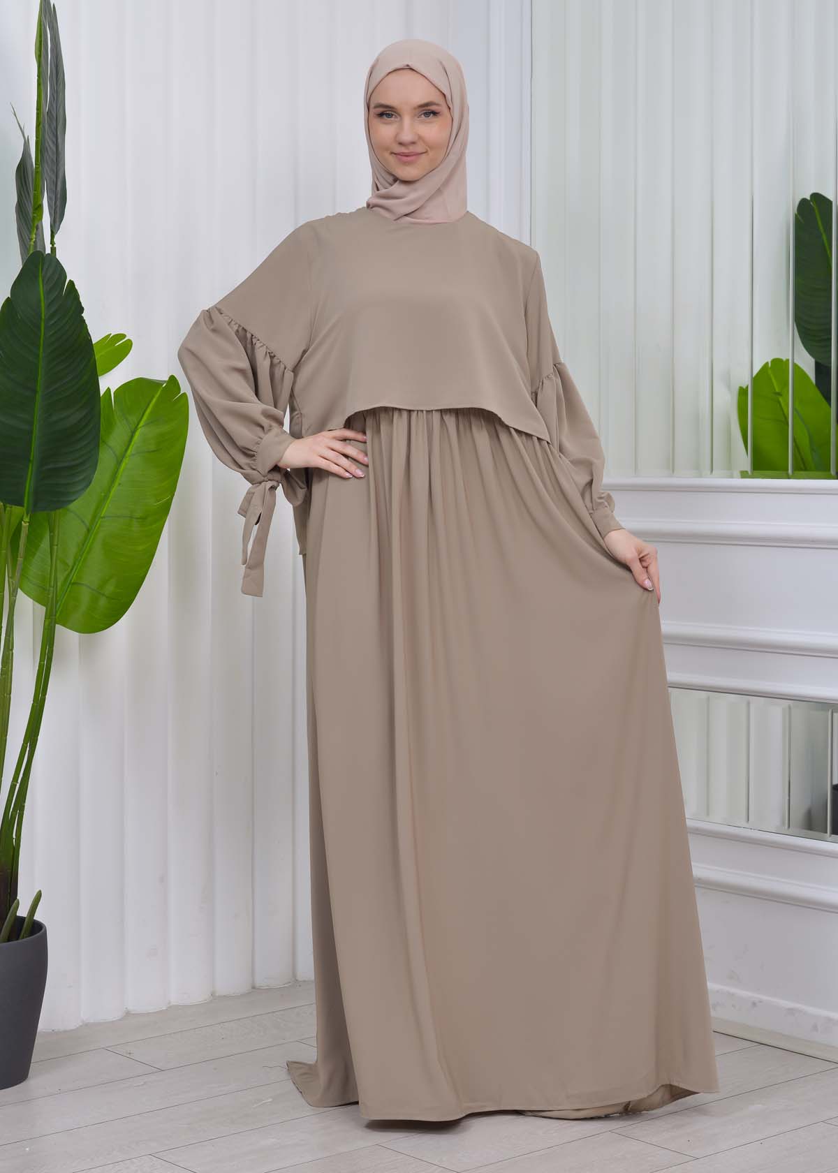 Lace up Sleeve Simple Hijab Dress 831 açık kahve