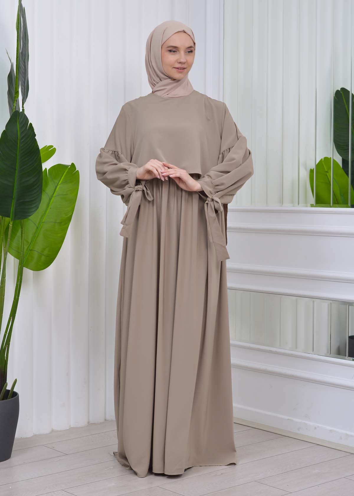 Lace up Sleeve Simple Hijab Dress 831 açık kahve