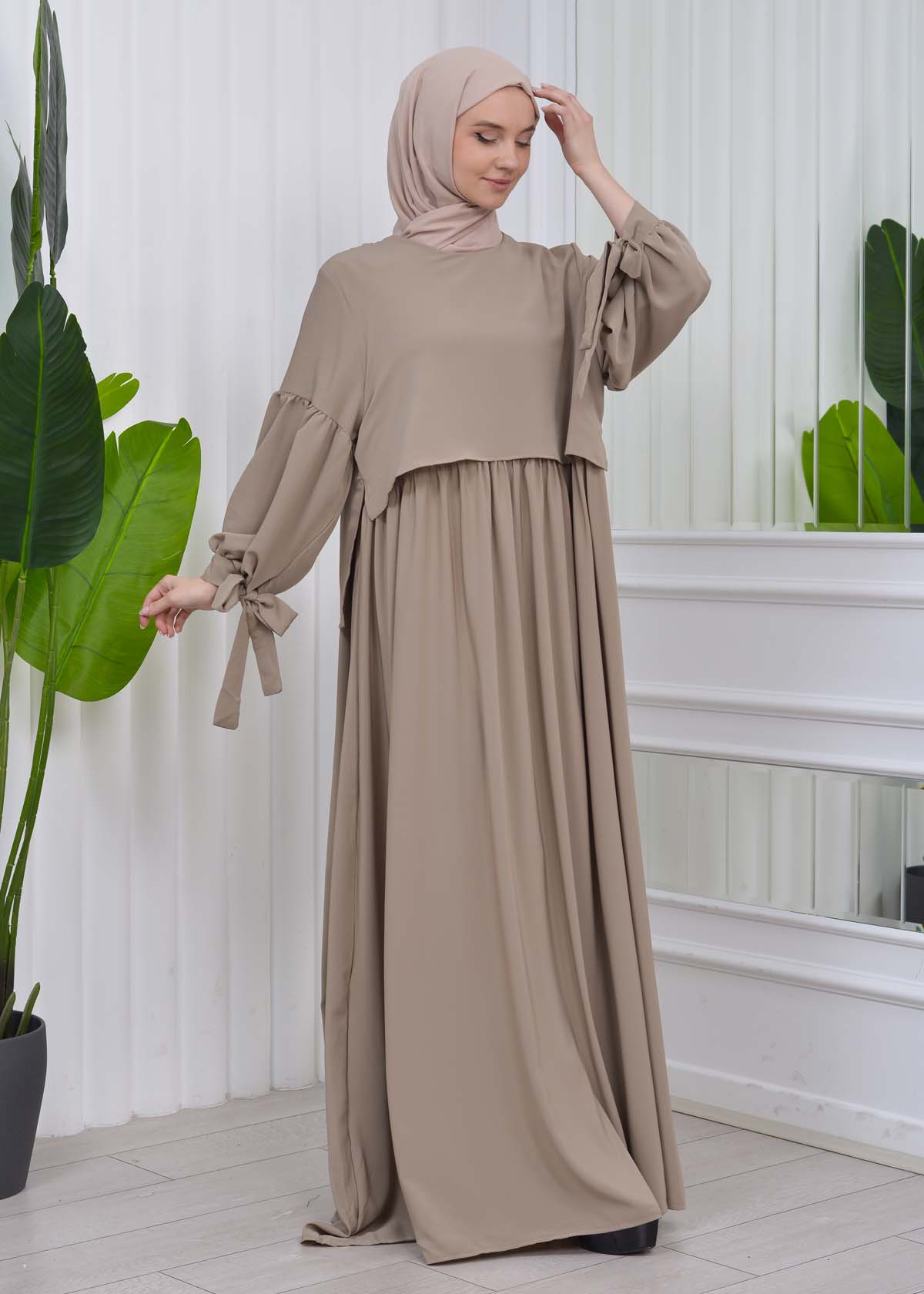 Lace up Sleeve Simple Hijab Dress 831 açık kahve