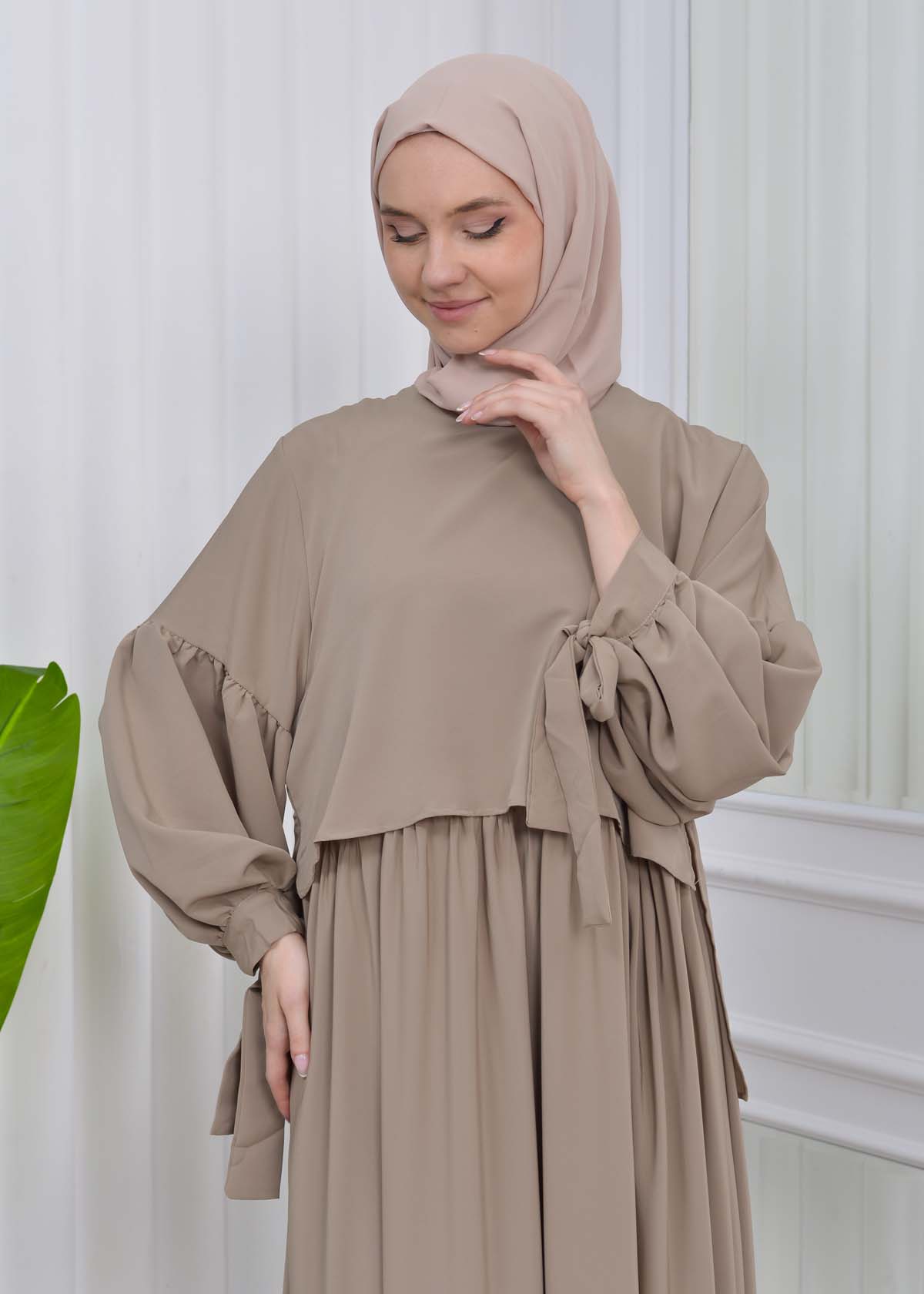 Lace up Sleeve Simple Hijab Dress 831 açık kahve