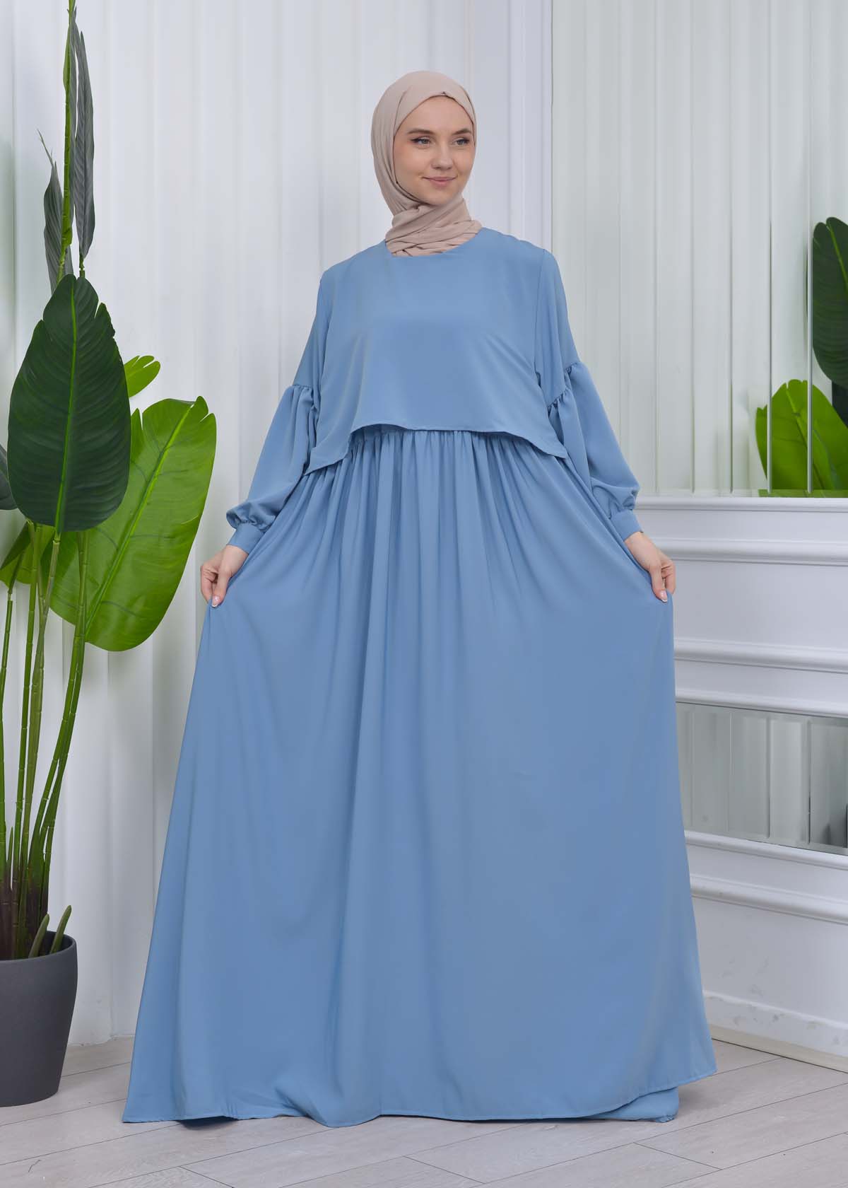 Lace up Sleeve Simple Hijab Dress 831 - baby blue