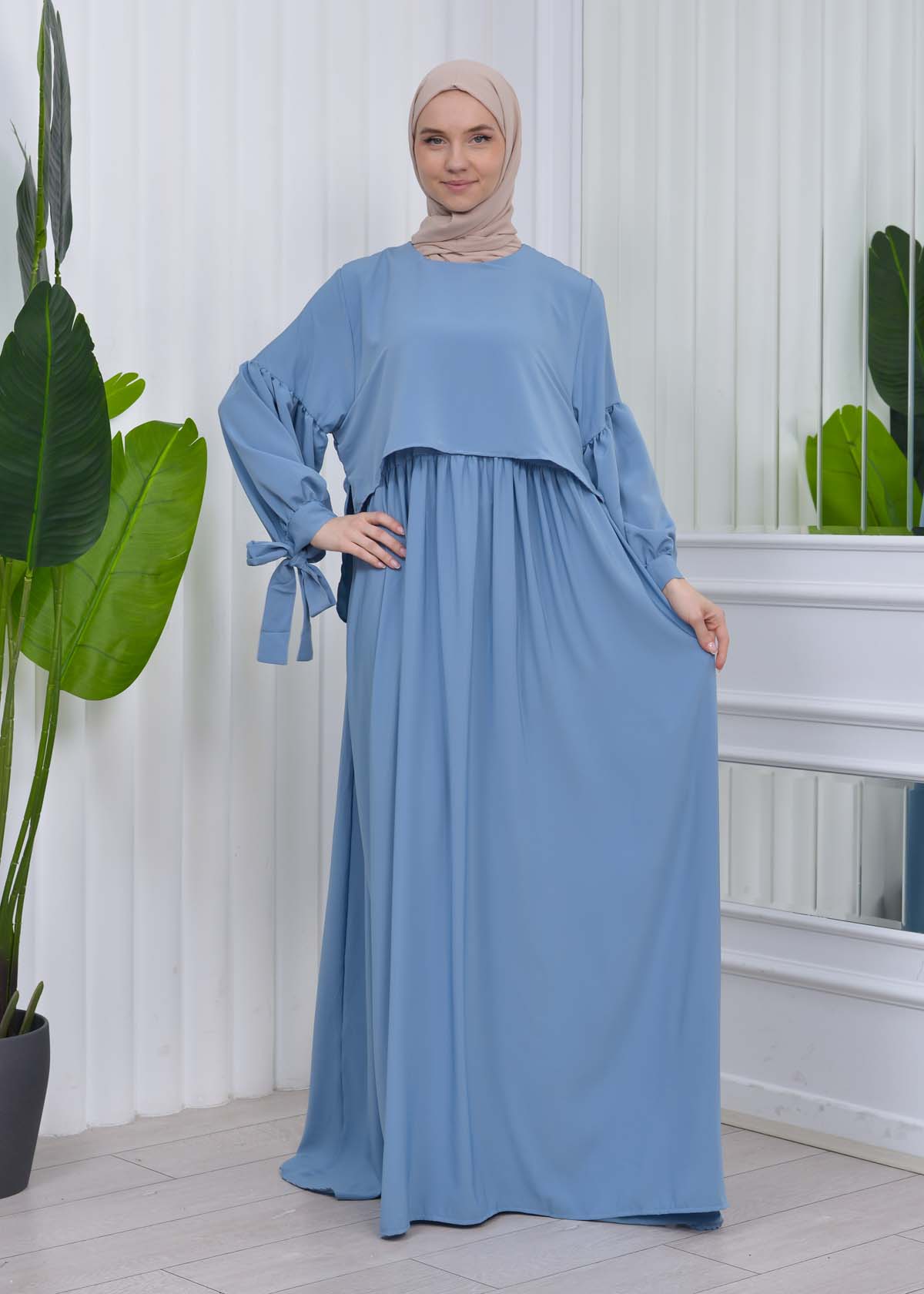 Lace up Sleeve Simple Hijab Dress 831 Bebe Mavi 0083101800 1117 HIJAB CLOTHING Islamic Hijab Wear Moda Mix