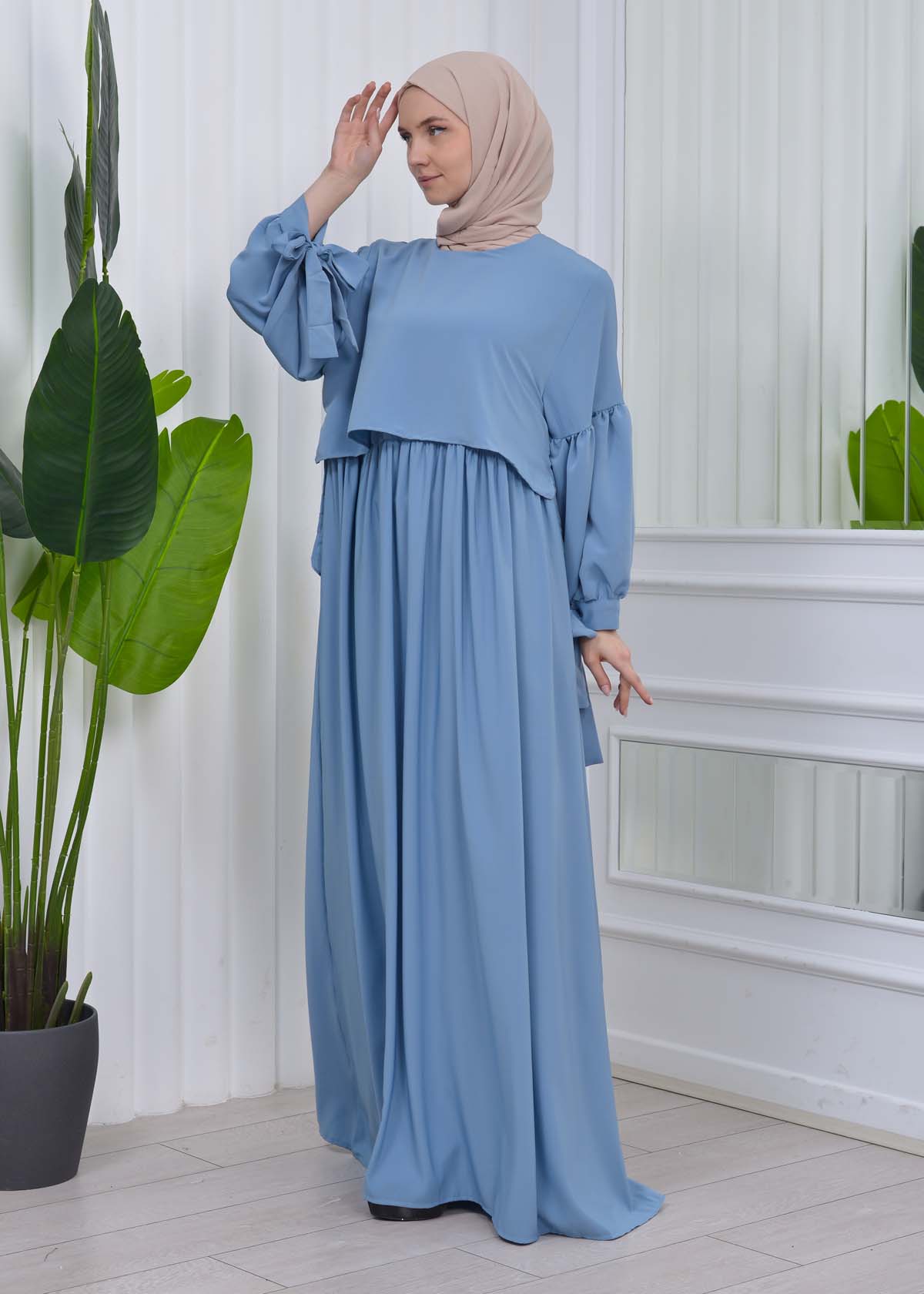 Lace up Sleeve Simple Hijab Dress 831 Bebe Mavi 0083101800 1117 HIJAB CLOTHING Islamic Hijab Wear Moda Mix