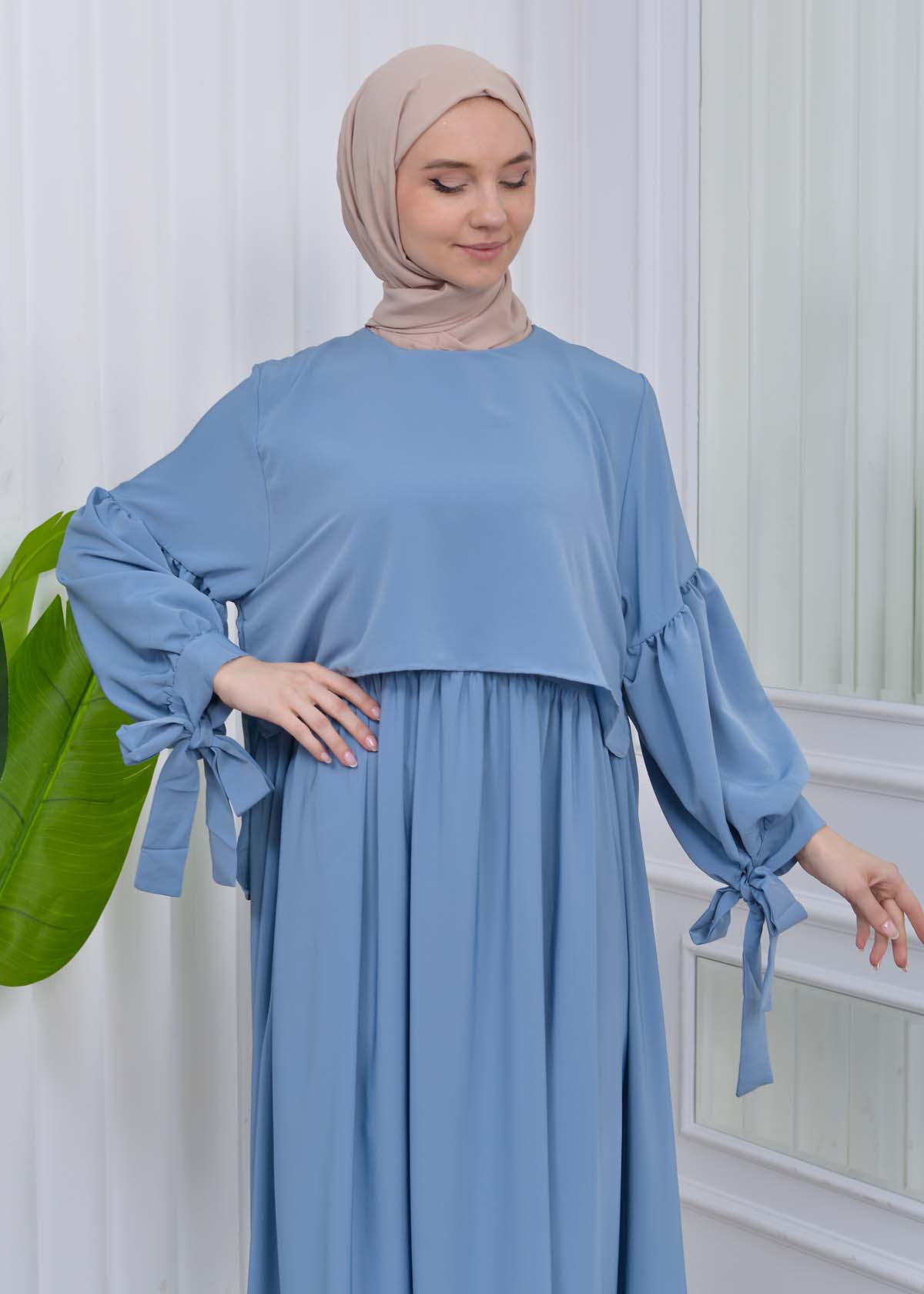 Lace up Sleeve Simple Hijab Dress 831 Bebe Mavi 0083101800 1117 HIJAB CLOTHING Islamic Hijab Wear Moda Mix