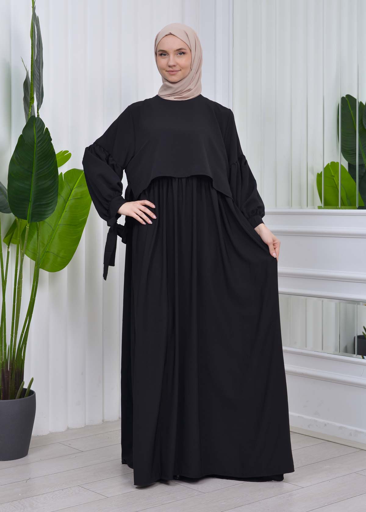 Lace up Sleeve Simple Hijab Dress 831 Siyah