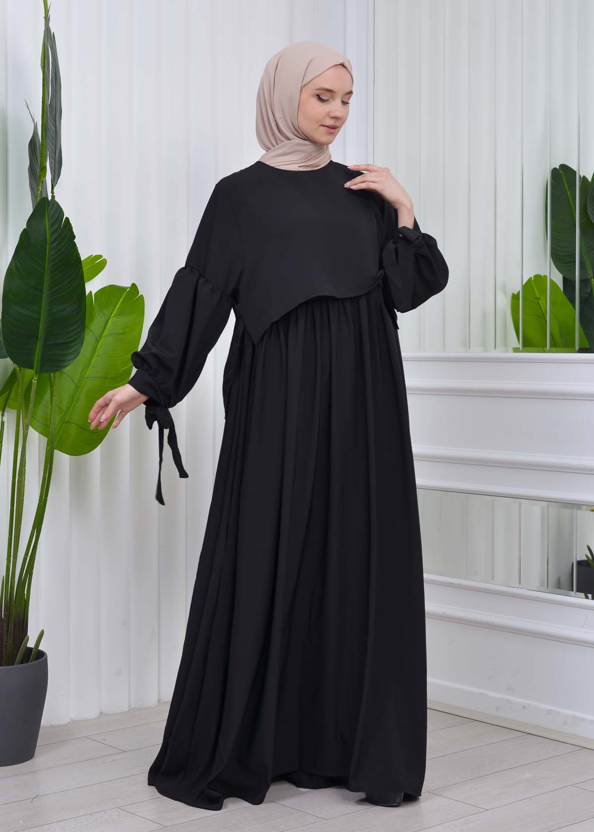 Lace up Sleeve Simple Hijab Dress 831 Siyah