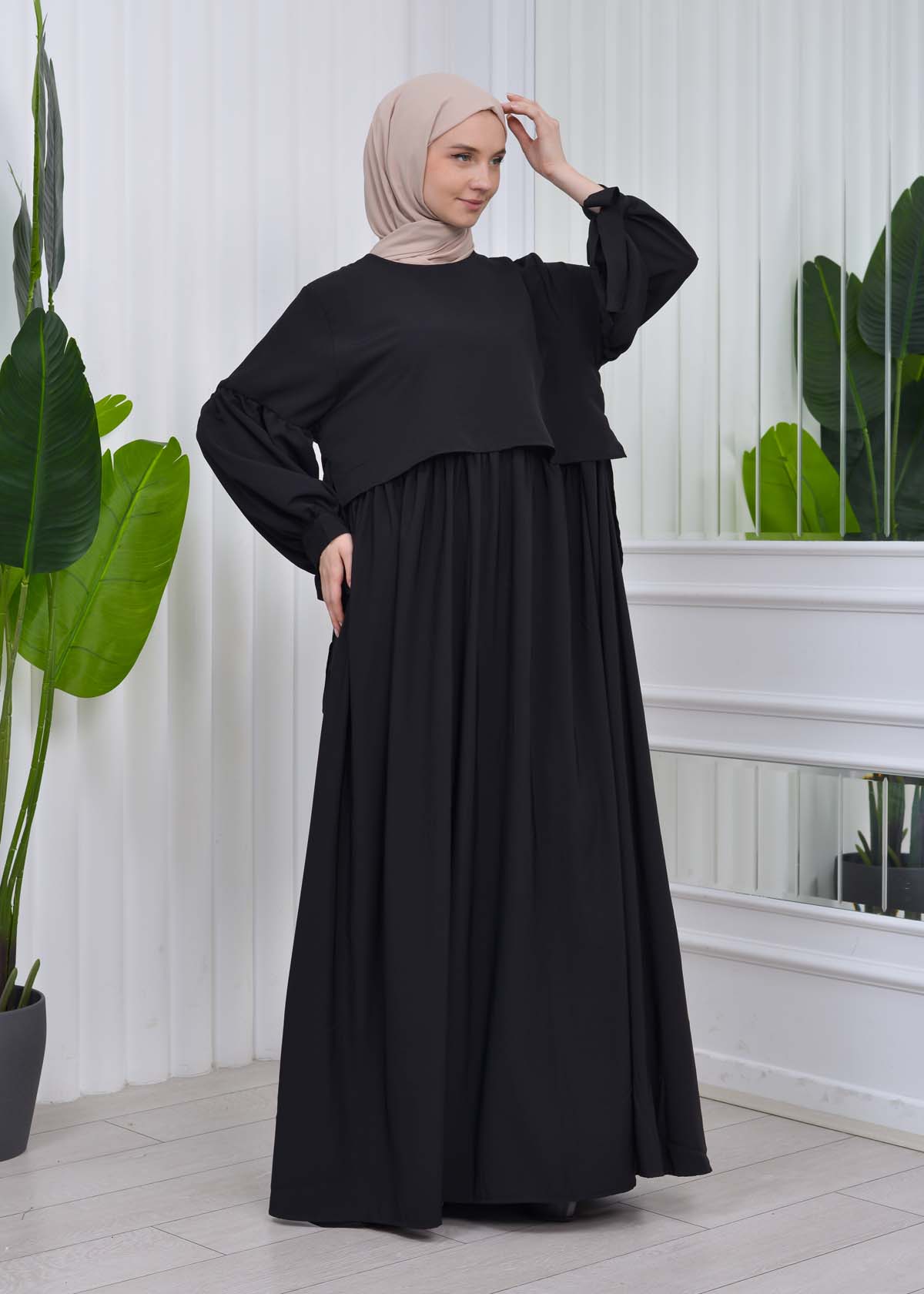 Lace up Sleeve Simple Hijab Dress 831 Siyah