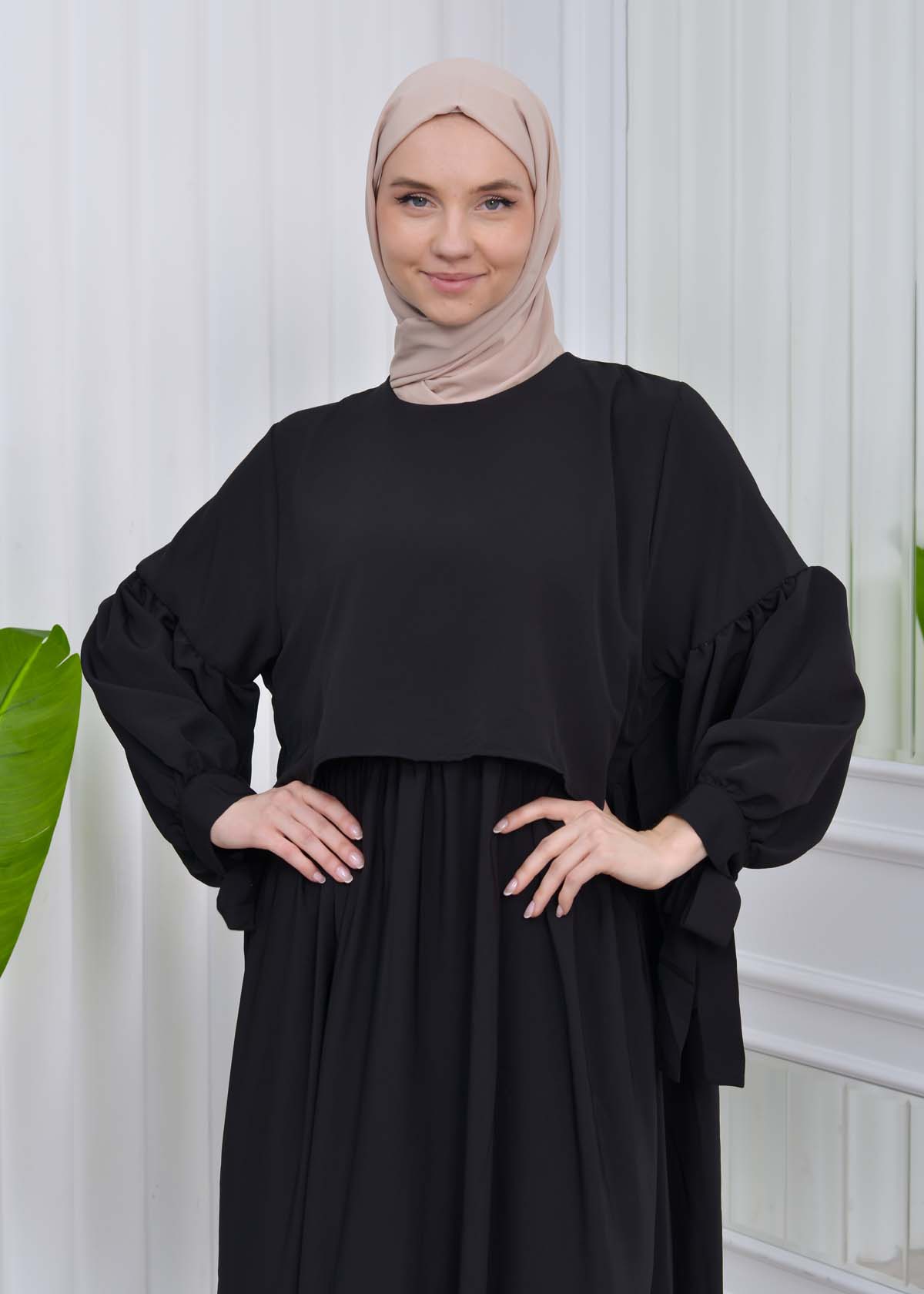 Lace up Sleeve Simple Hijab Dress 831 Siyah