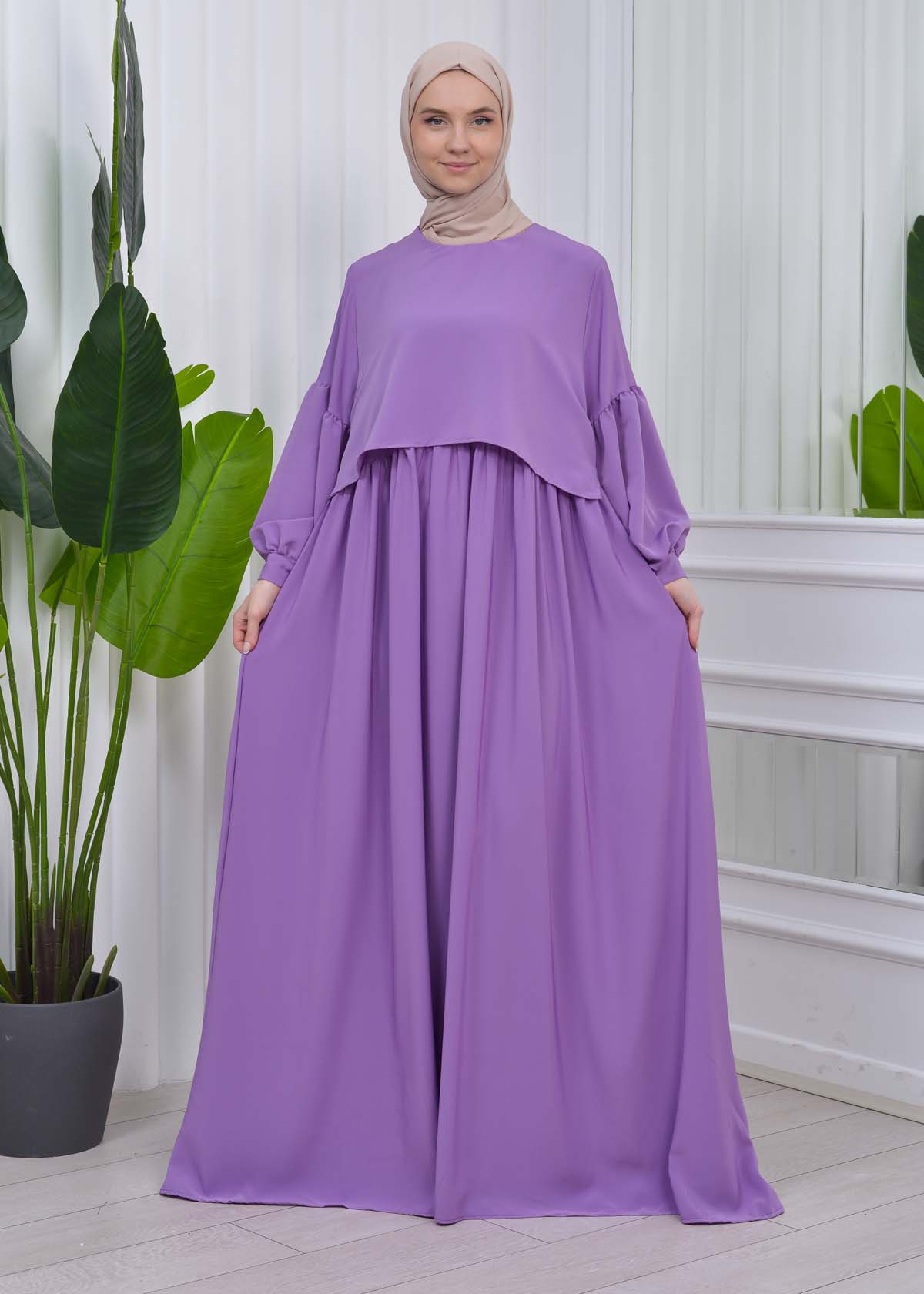 Lace up Sleeve Simple Hijab Dress 831 - lilac