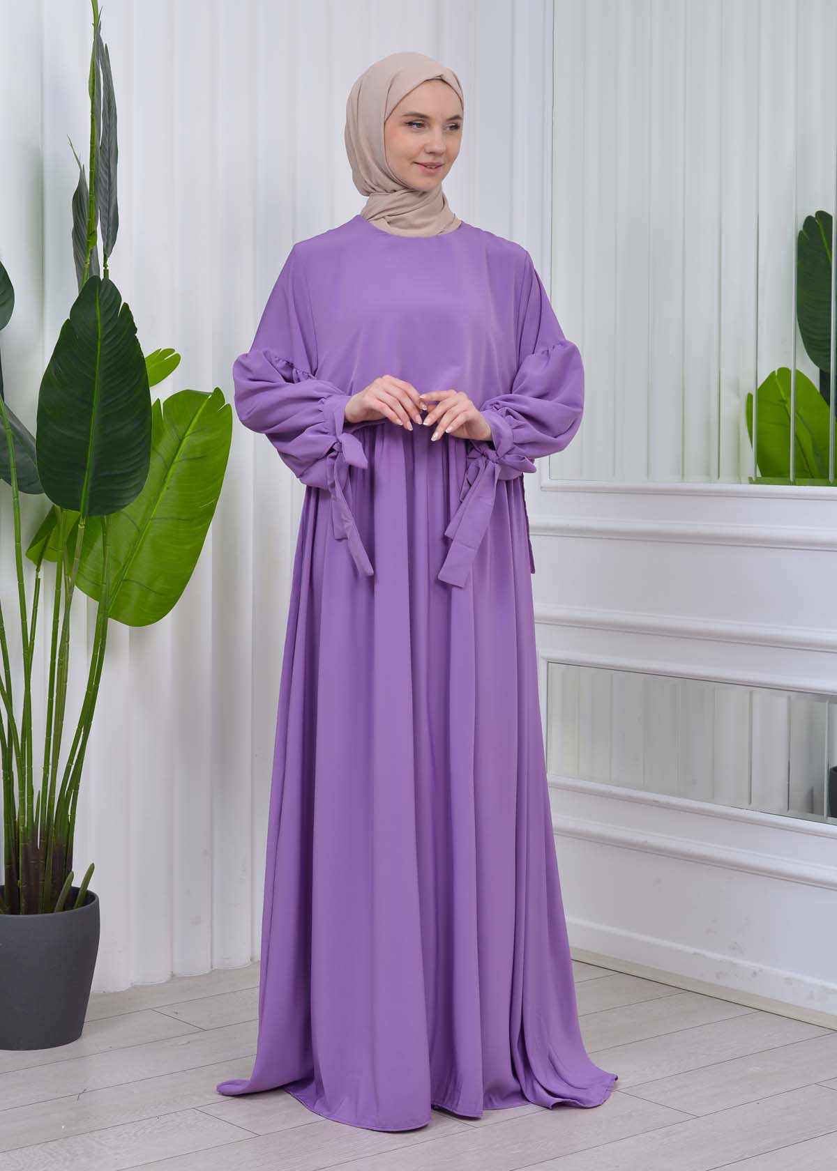 Lace up Sleeve Simple Hijab Dress 831 Lila