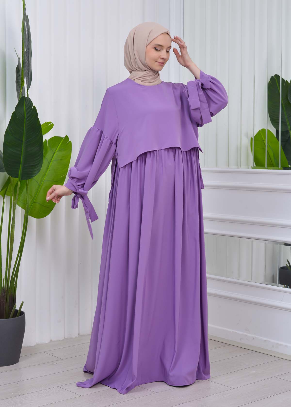 Lace up Sleeve Simple Hijab Dress 831 Lila