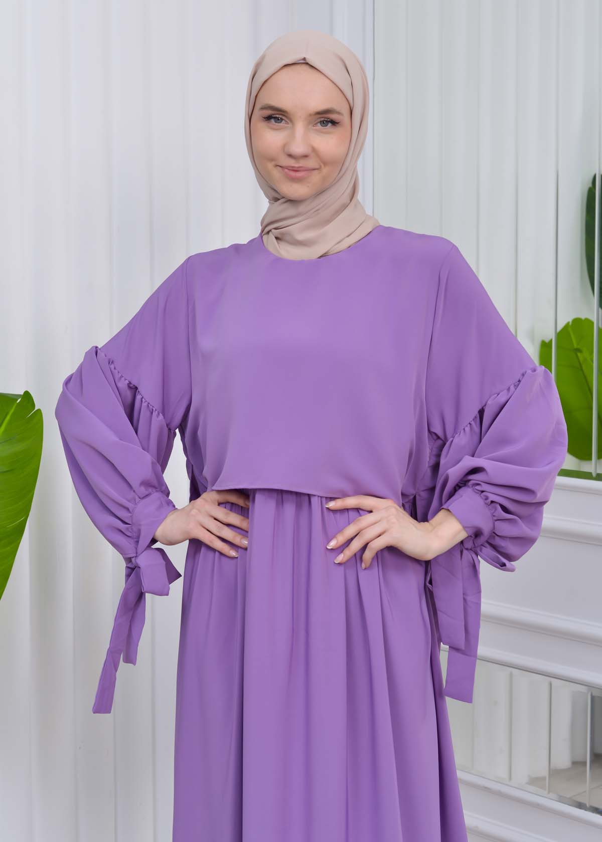 Lace up Sleeve Simple Hijab Dress 831 Lila