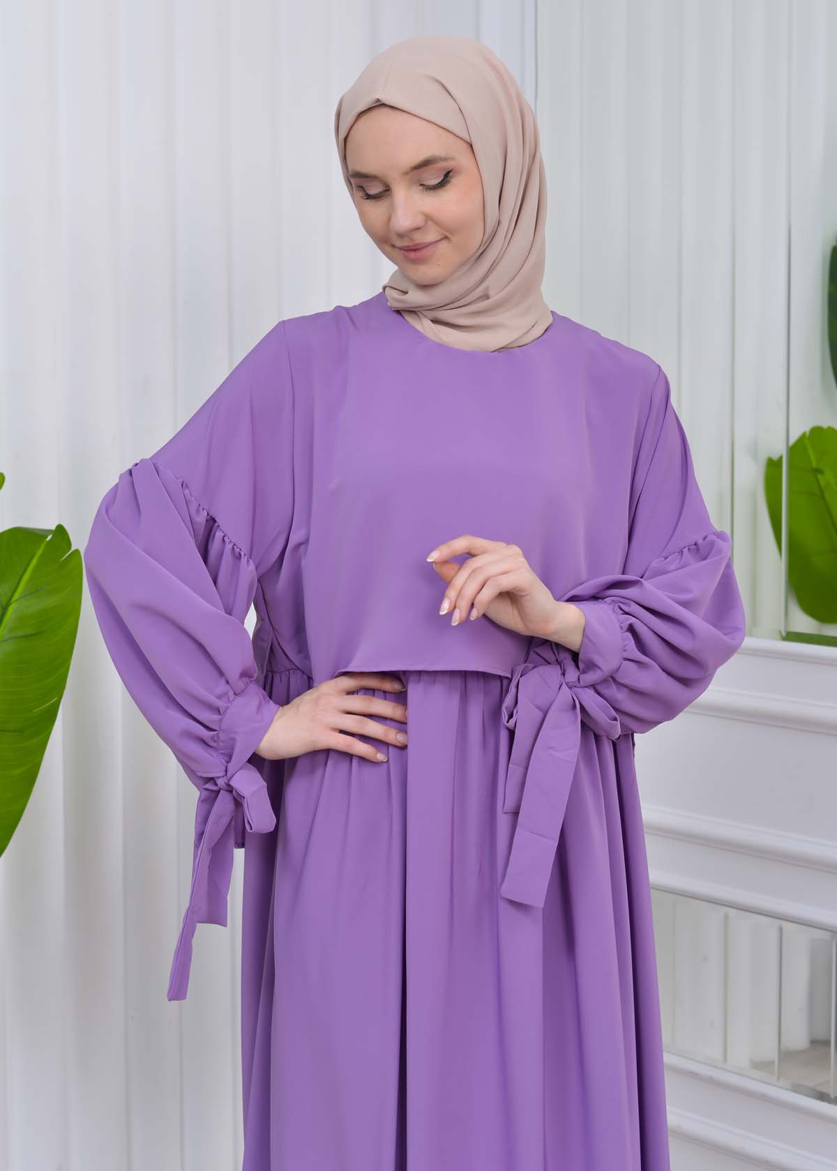 Lace up Sleeve Simple Hijab Dress 831 Lila