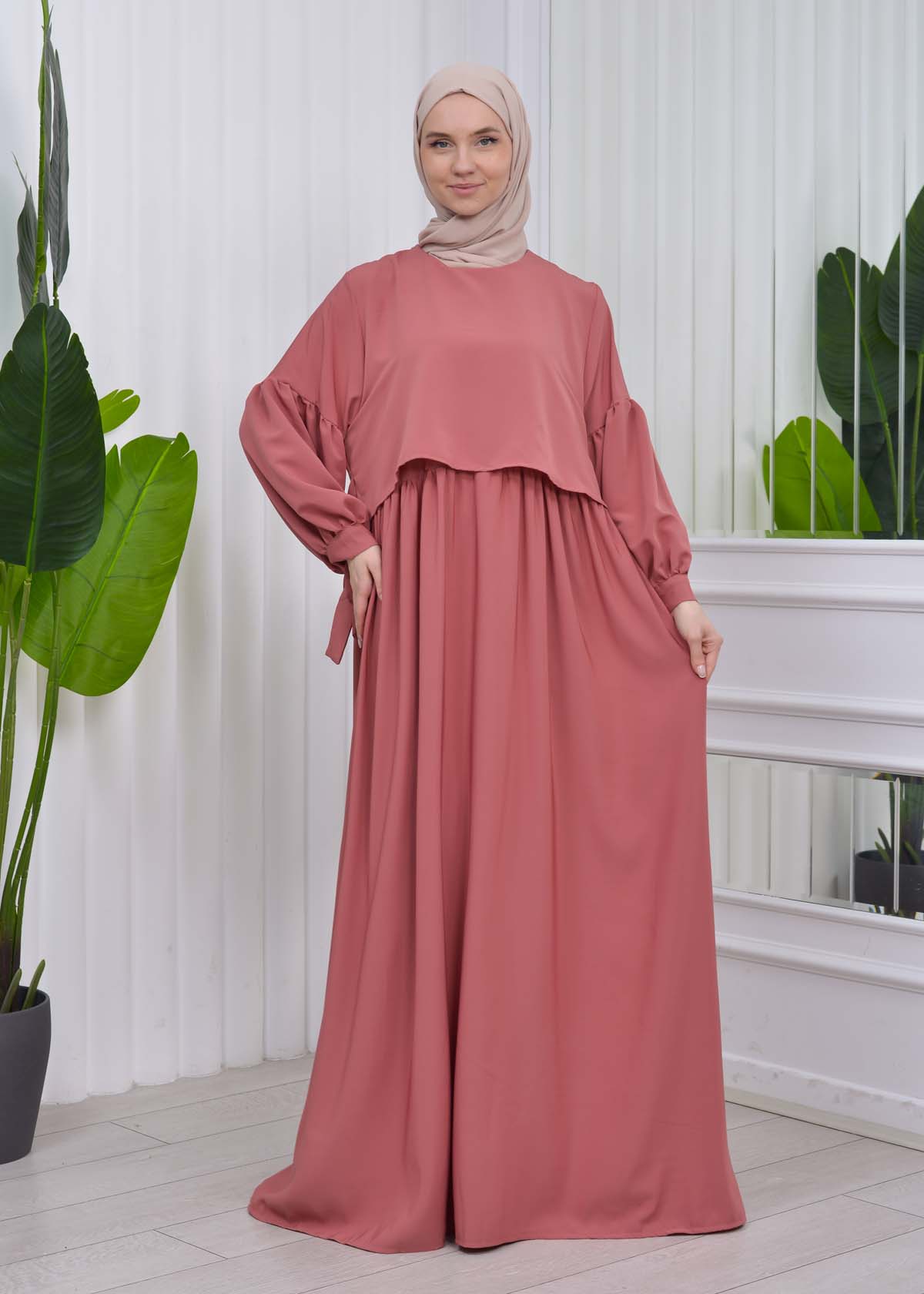 Lace up Sleeve Simple Hijab Dress 831 - light pink