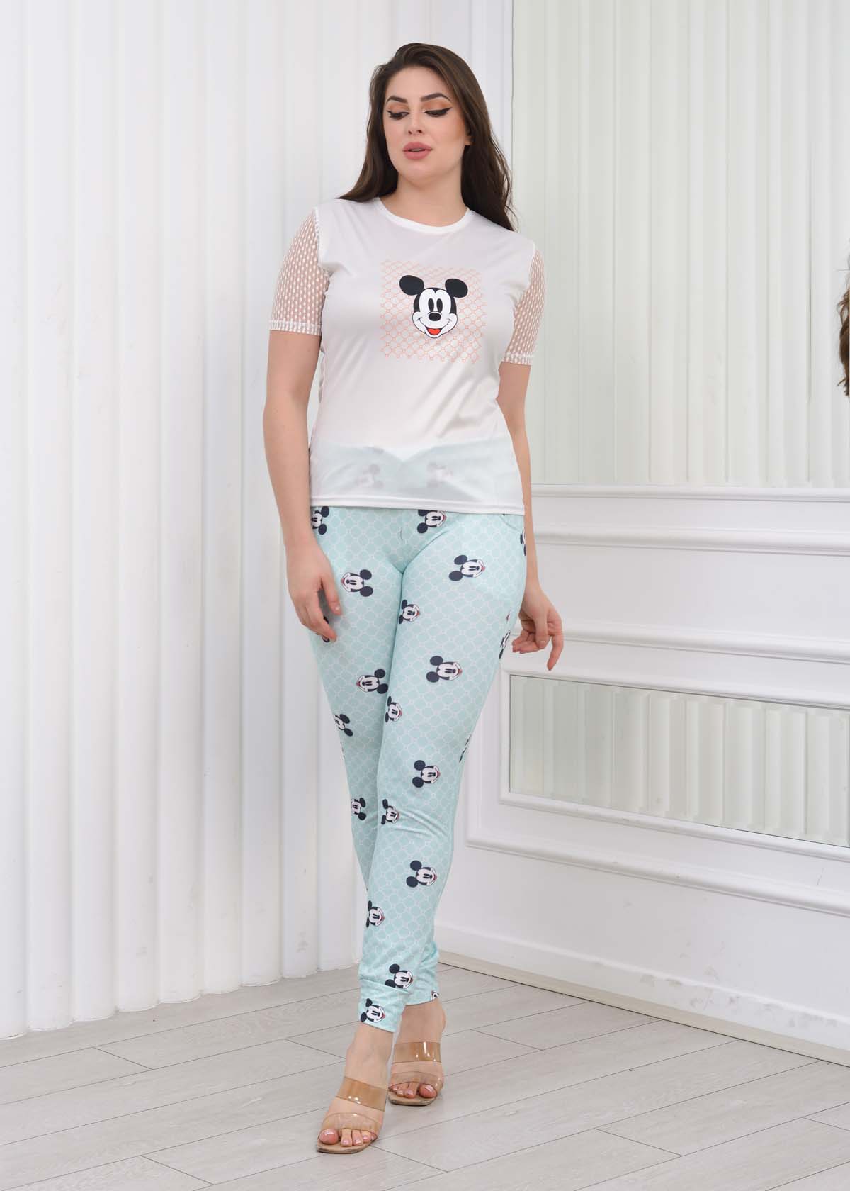 Women's T-Shirt Trousers Pajamas Set with Lace on the Sleeve 1080 Turkuaz