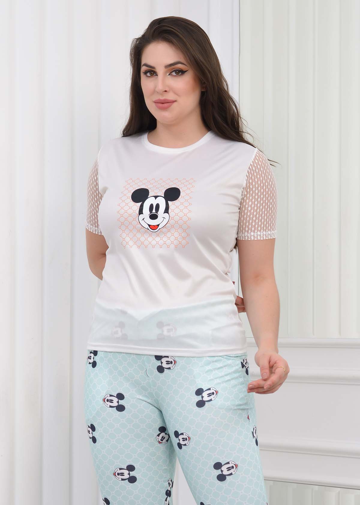 Women's T-Shirt Trousers Pajamas Set with Lace on the Sleeve 1080 Turkuaz