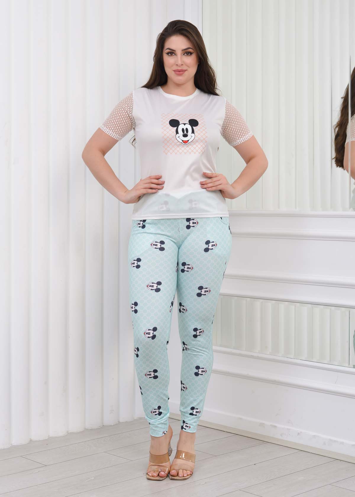 Women's T-Shirt Trousers Pajamas Set with Lace on the Sleeve 1080 Turkuaz