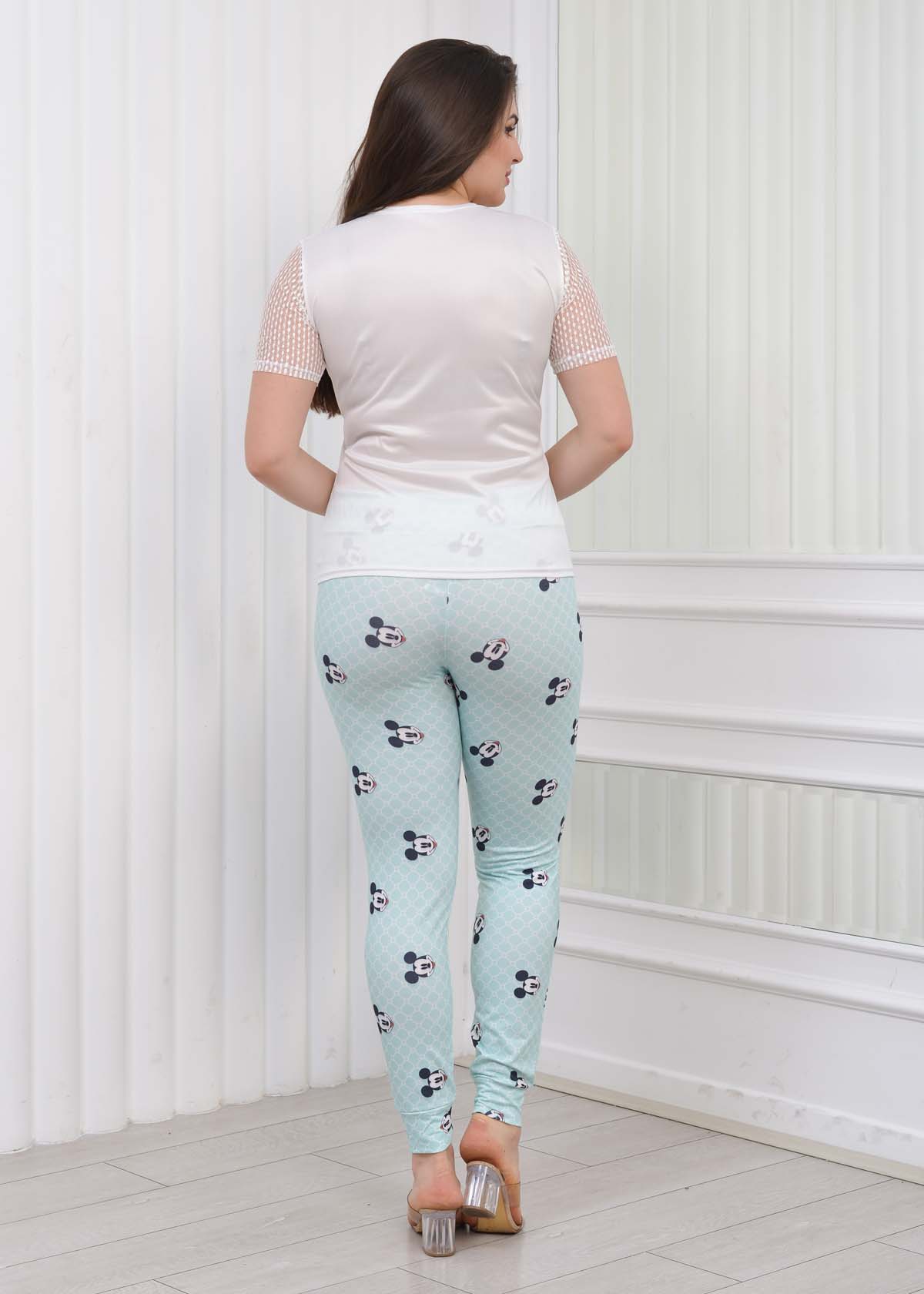 Women's T-Shirt Trousers Pajamas Set with Lace on the Sleeve 1080 Turkuaz