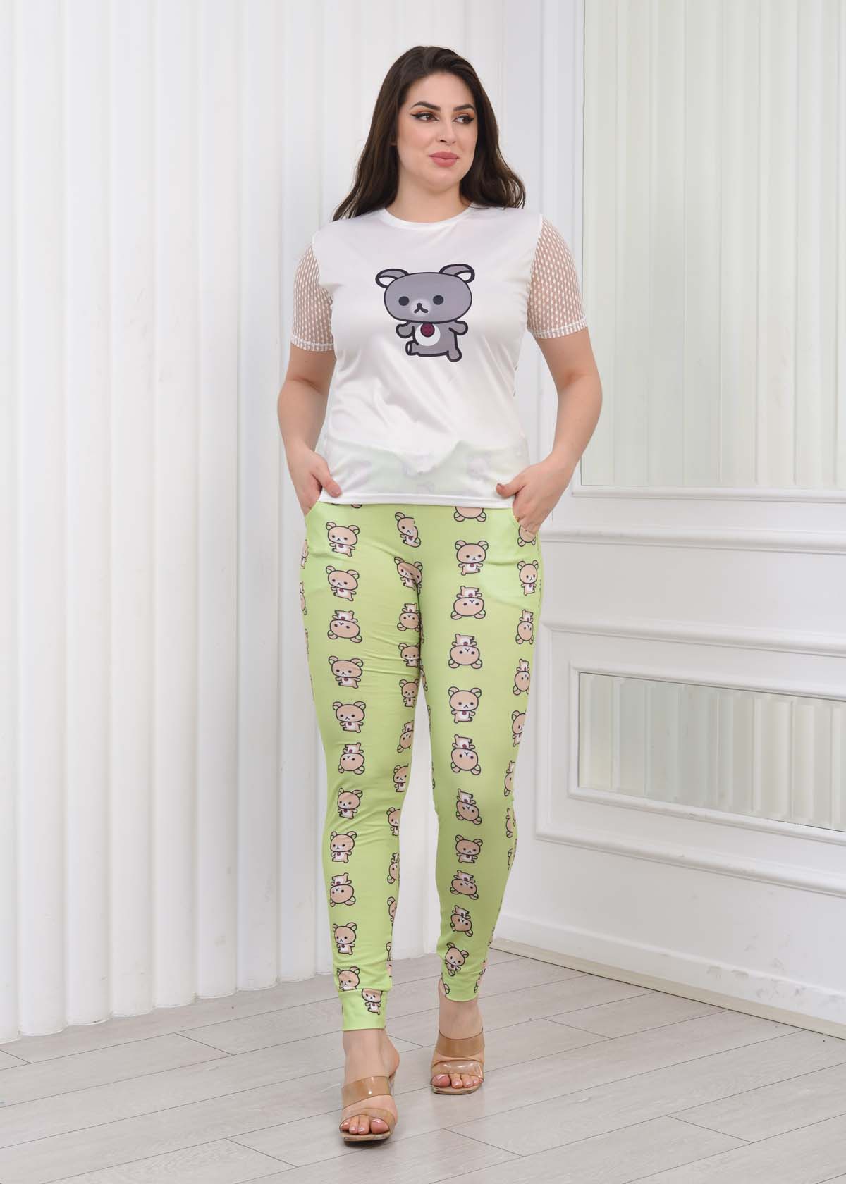 LACE SLEEVE Womens T-Shirt Pants Pajama Set 1081 - light green