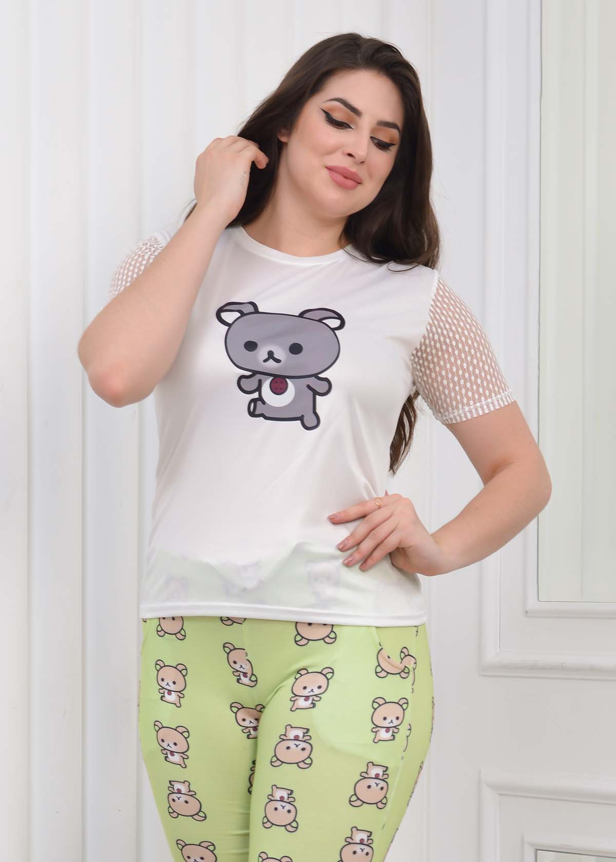 Kolu Dantell Kadın Tişört Pantolon Pijama Takımı 1081 Açık Yeşil