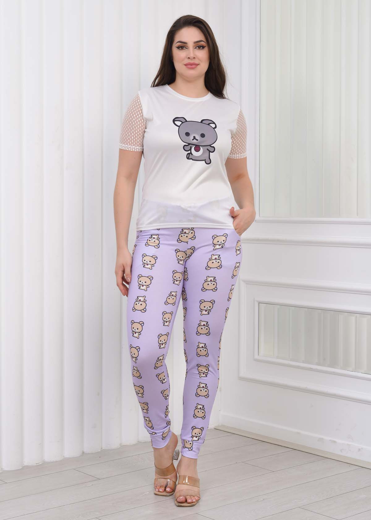 Kolu Dantell Kadın Tişört Pantolon Pijama Takımı 1081 - Lila