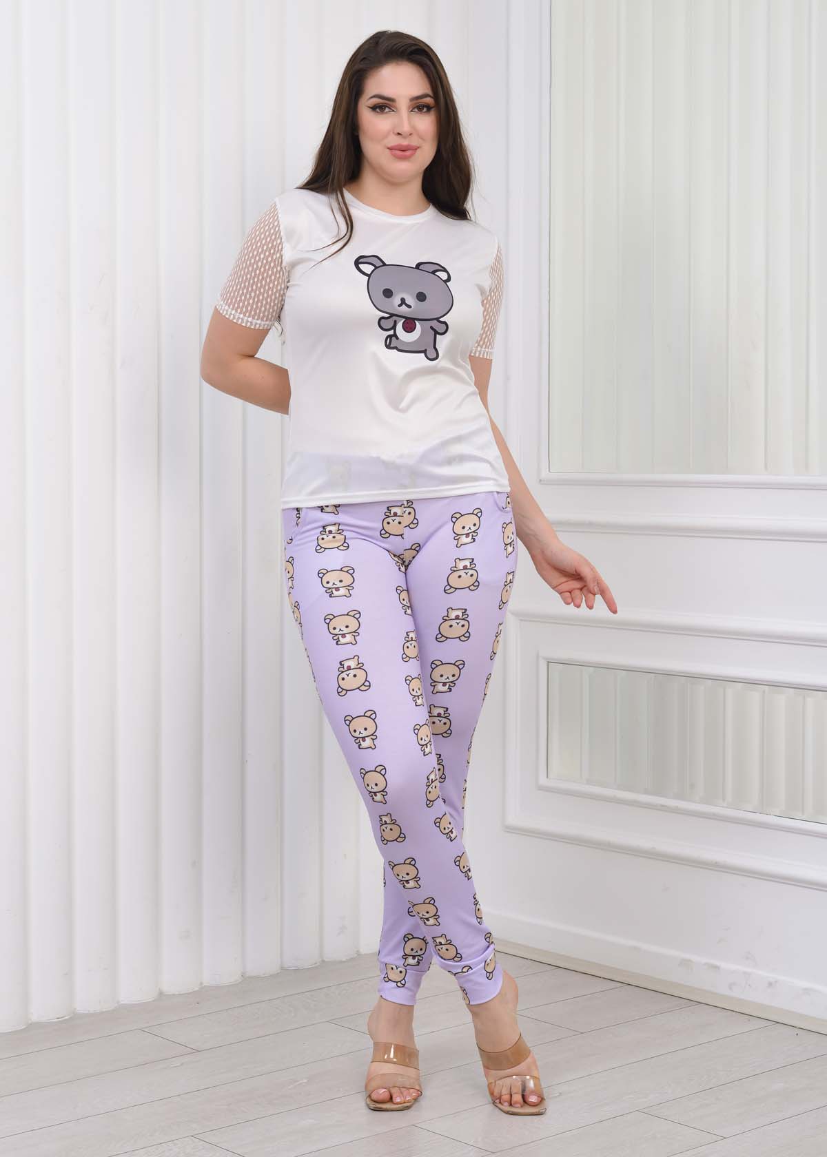 LACE SLEEVE Women's T-Shirt Pants Pajama Set 1081 Lila