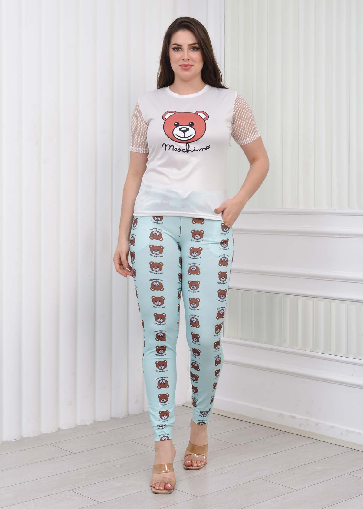 Women's T-Shirt Trousers Pajamas Set with Lace Sleeve 1082 Turkuaz