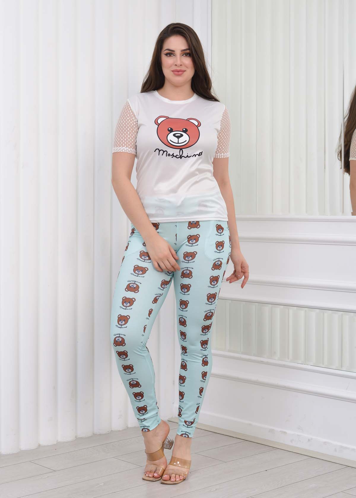 Women's T-Shirt Trousers Pajamas Set with Lace Sleeve 1082 Turkuaz