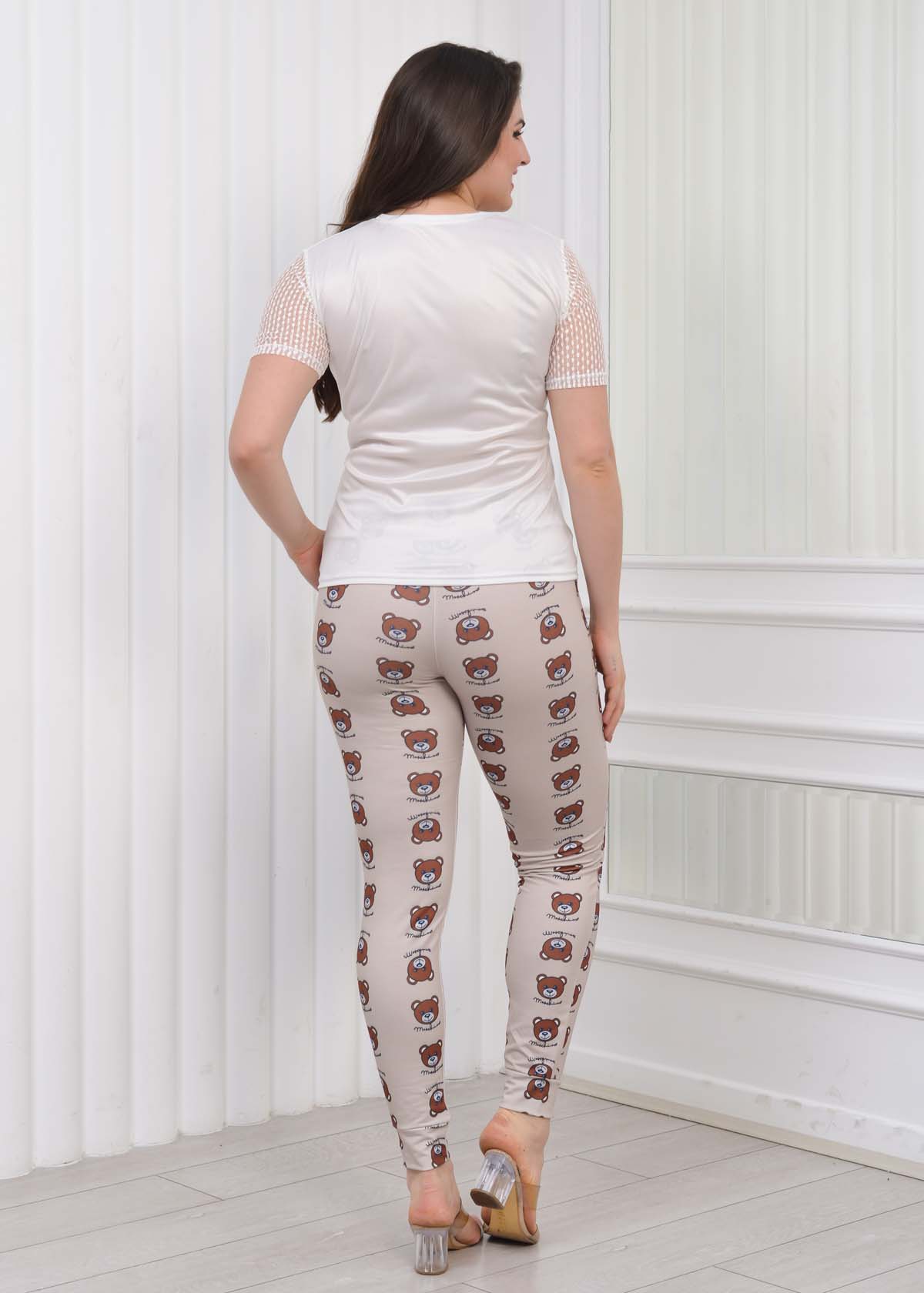 Women's T-Shirt Trousers Pajamas Set with Lace Sleeve 1082 Bej