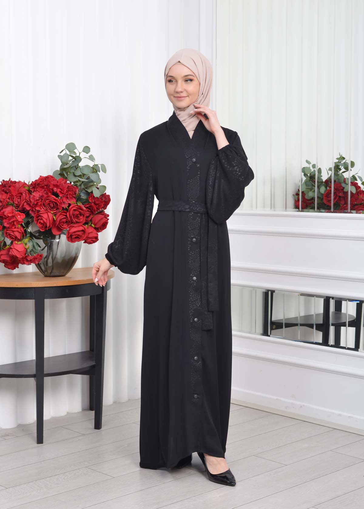 SLEEVE PATTERNED BUTTONED BLACK HIJAB ABAYA CODE 643 Siyah