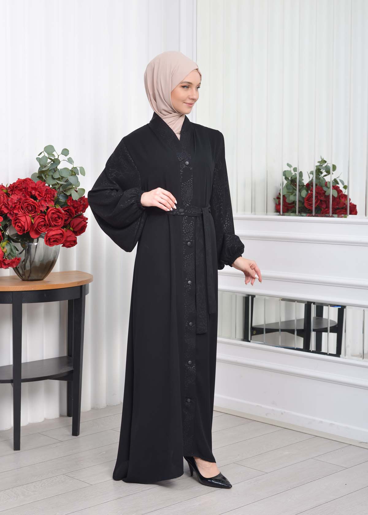 SLEEVE PATTERNED BUTTONED BLACK HIJAB ABAYA CODE 643 Siyah