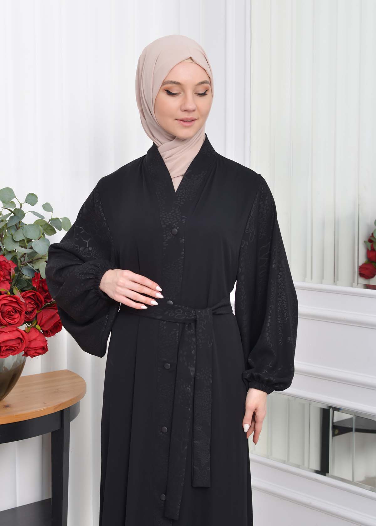 SLEEVE PATTERNED BUTTONED BLACK HIJAB ABAYA CODE 643 Siyah