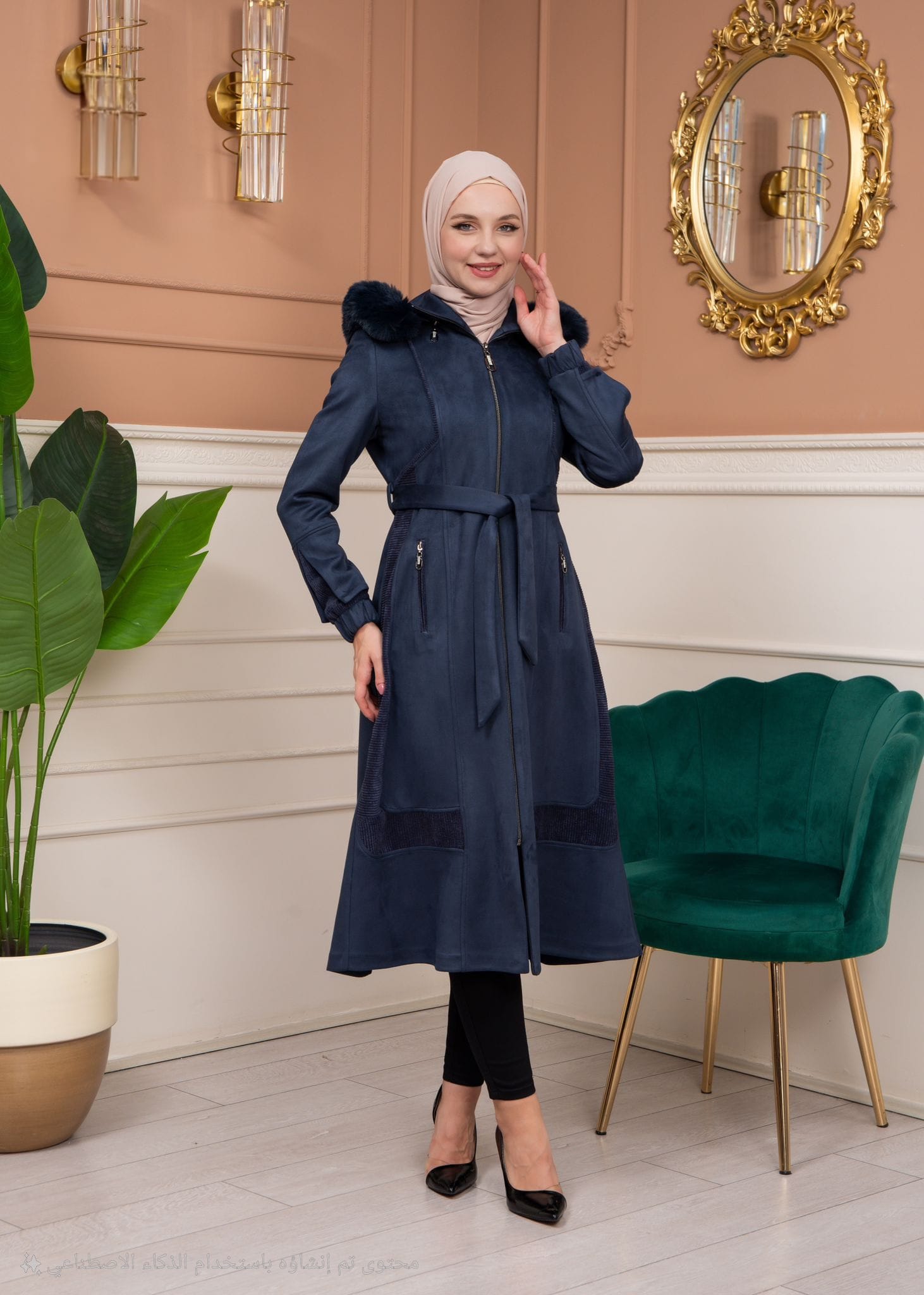 Shaomah Trench Coat with Removable Fur Hood - Code 1363 - deep blue