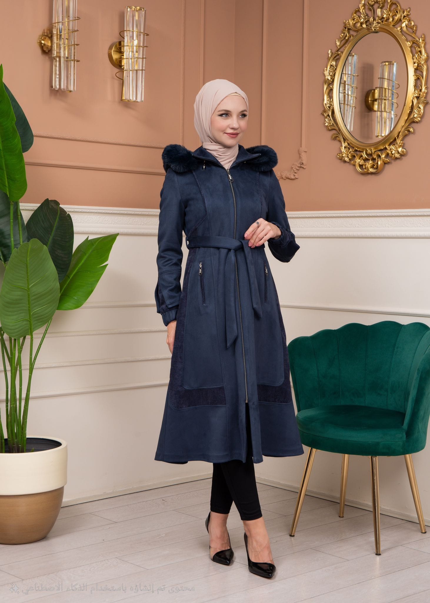 Shaomah Trench Coat with Removable Fur Hood - Code 1363 - deep blue