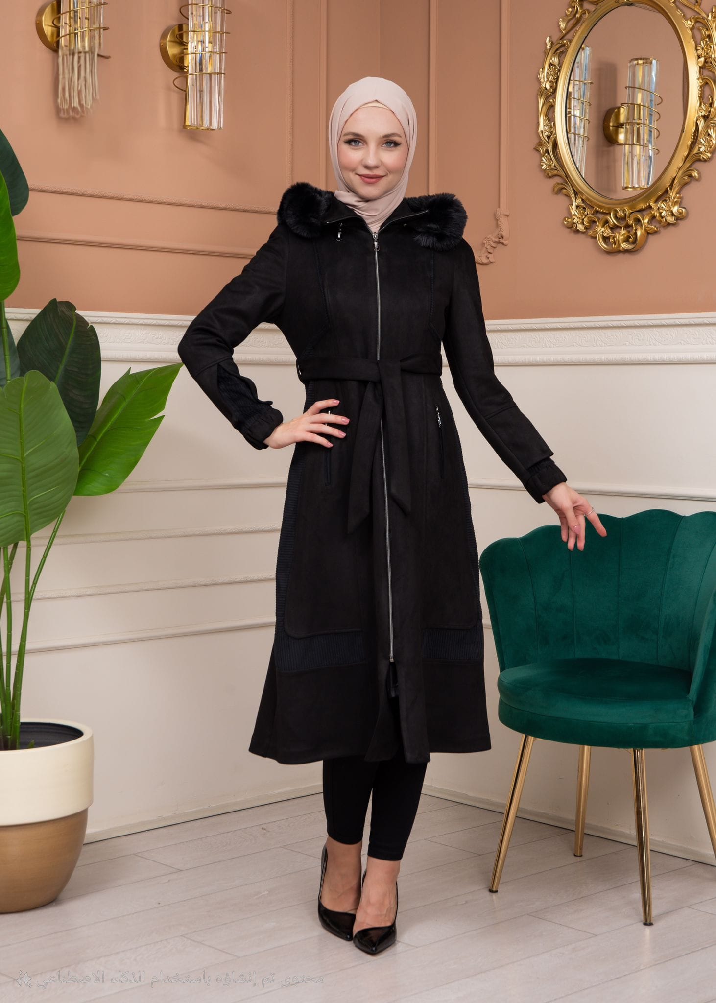 Shaomah Trench Coat with Removable Fur Hood - Code 1363 - black