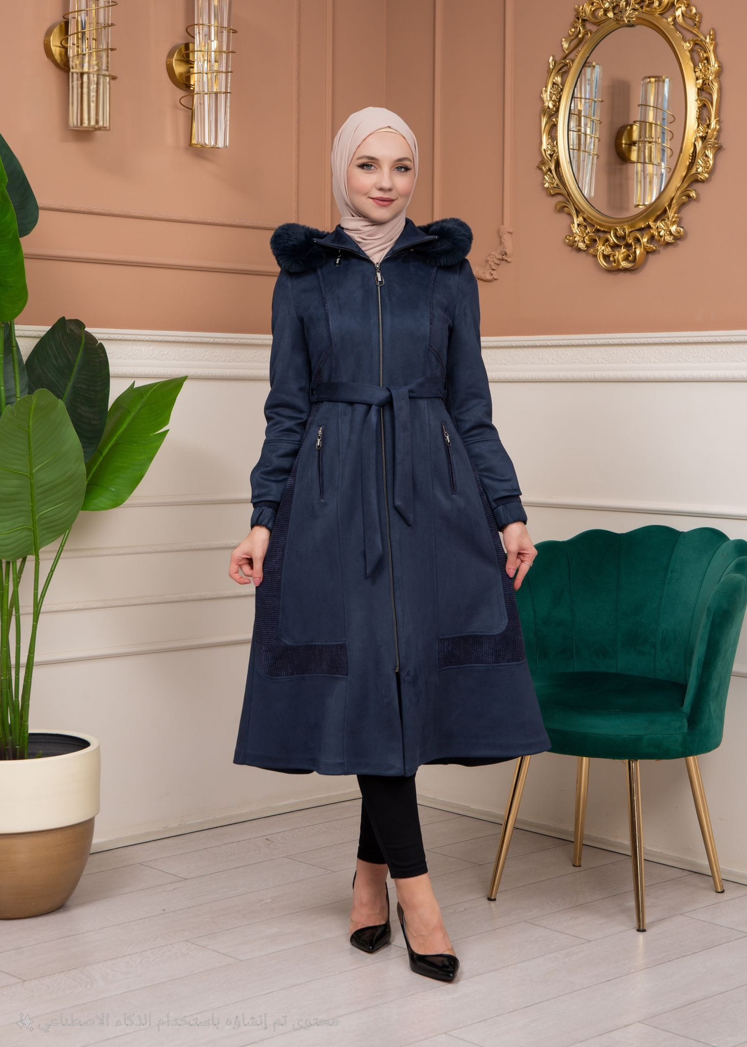 Shaomah Trench Coat with Removable Fur Hood - Code 1363 - deep blue